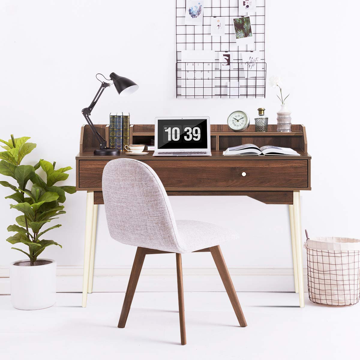 COSTWAY Escritorio de Computadora con Cajón, Escritorio de Oficina con Patas de Madera de Goma, Superficie Espaciosa, 2 Compartimientos, Dispositivo Antivuelco para Estudio Oficina (Marrón)