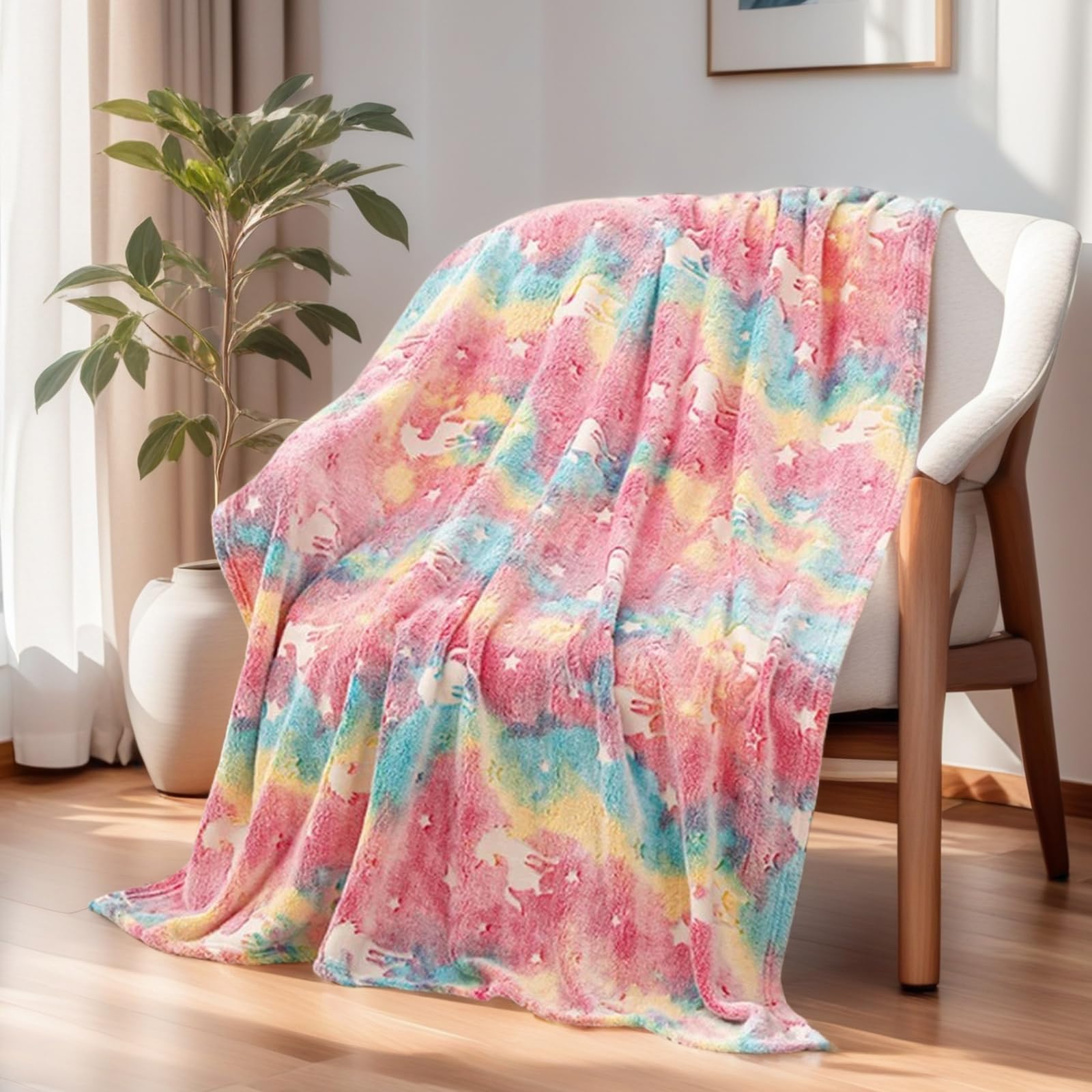 HSGLGNA Coperta per bambini, con unicorno, luce al buio, idea regalo per ragazze, super morbida e calda, coperta da letto, con unicorno, colore: rosa