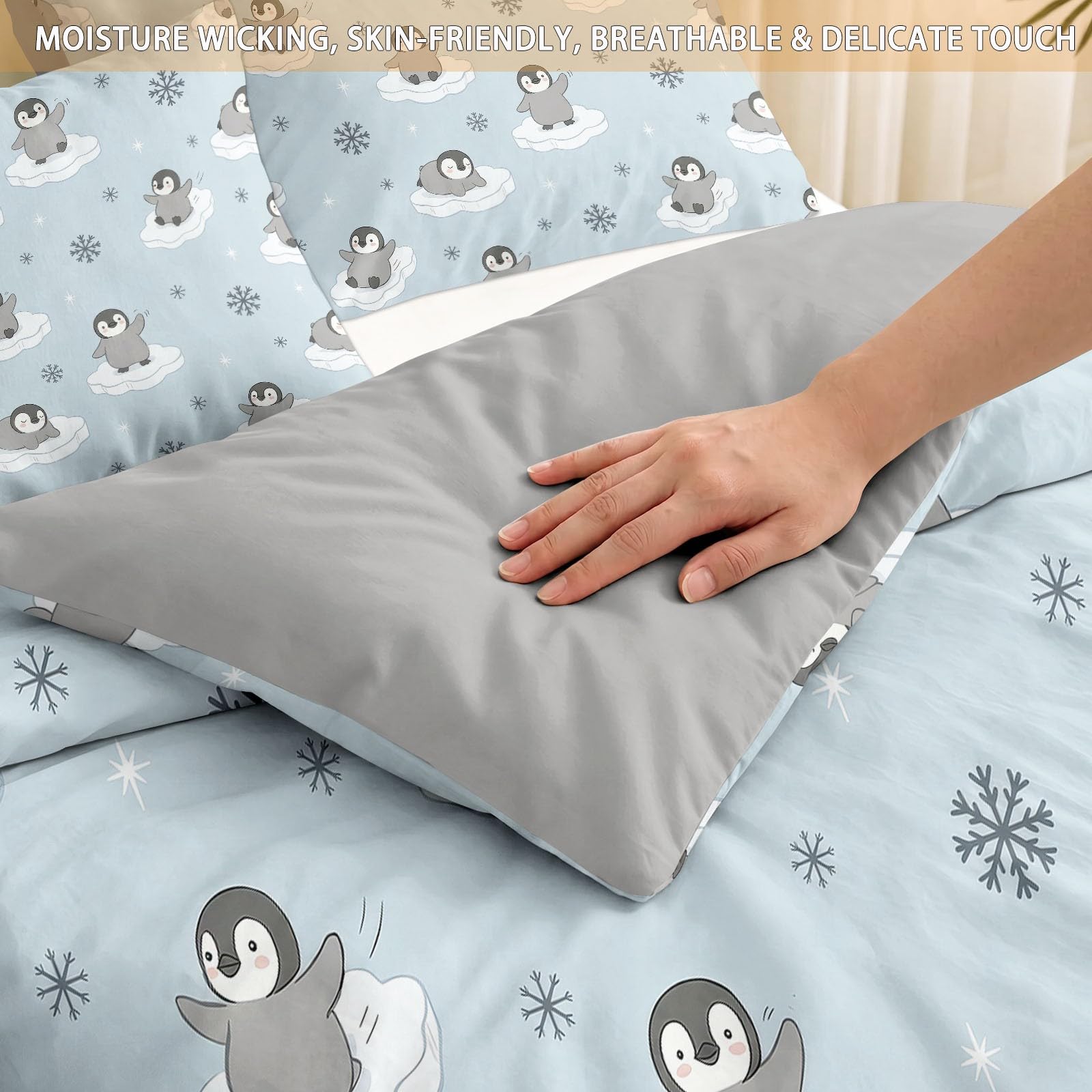 Animal Christmas Dwustronna poszwa na kołdrę 200x200 cm z 2 poszewkami na poduszki - Nowoczesny pingwin z kreskówki - Zestaw pościeli w 100% z mikrofibry - 3 sztuki z zamkiem błyskawicznym - Szary