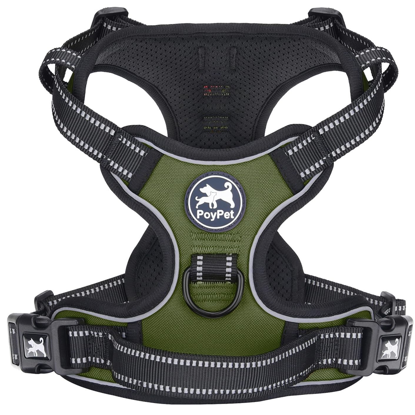 PoyPet Imbracatura per cani No Pull, pettorina riflettente con 2 fissaggi in lino e semplice impugnatura di controllo per cani di piccola taglia (verde militare, S)