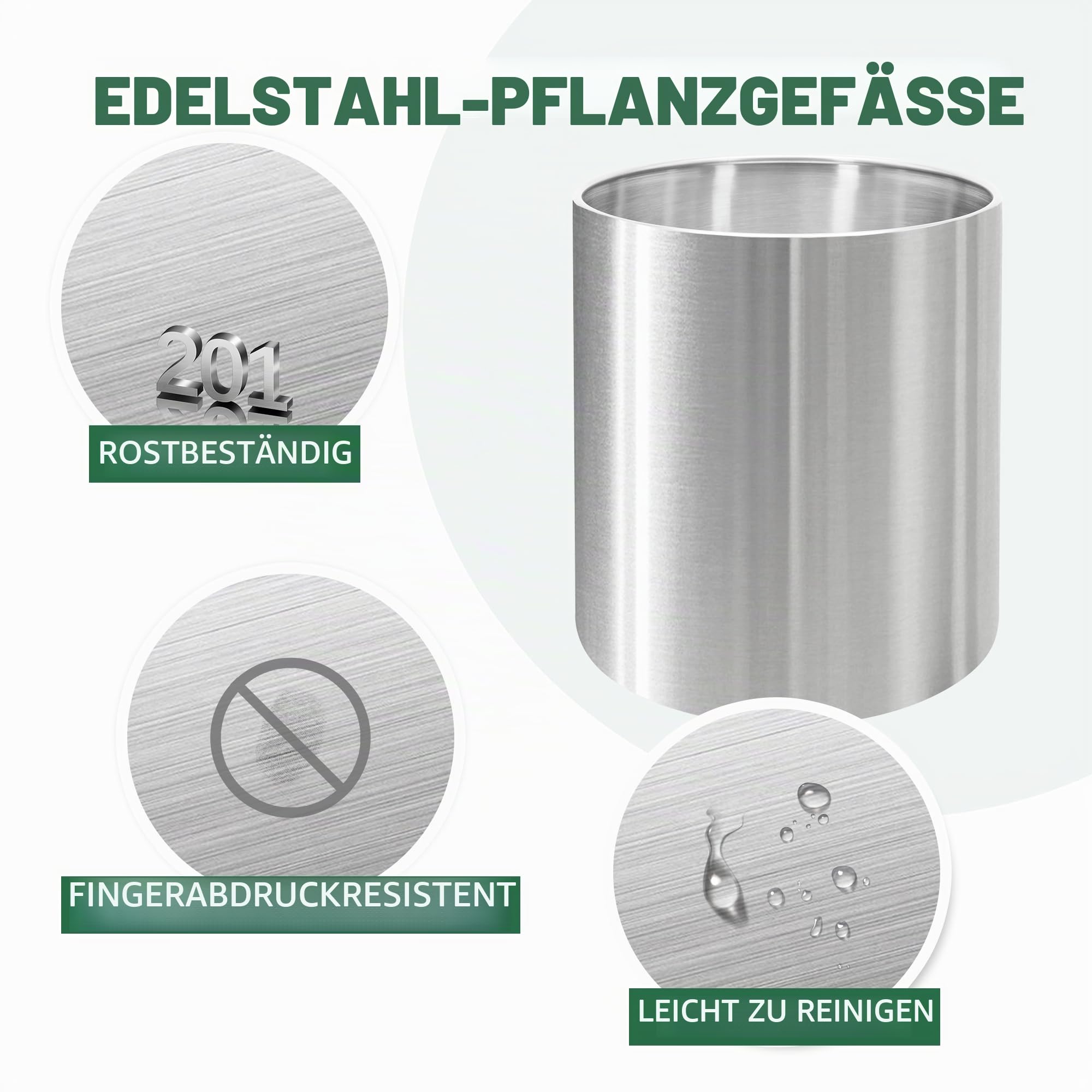 Runder Pflanzkübel aus Edelstahl mit Rollenwagen, Zwei Pflanzkübel, 25cm und 30cm, lackierte Oberfläche mit Anti-Fingerprint, leicht zu reinigen, für drinnen und draußen