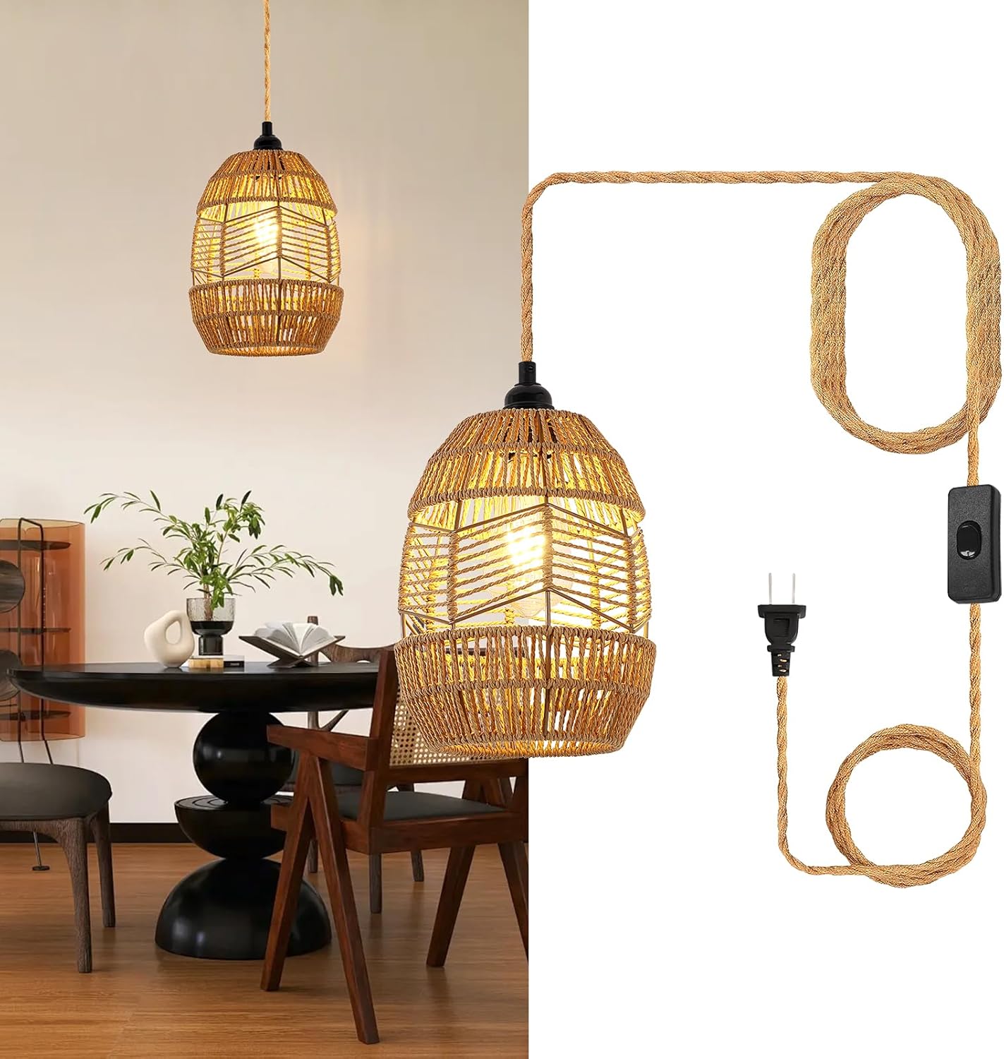 DELIPOP Hanging Lights with Plug in Cord, Rattan Plug in Pendant Light