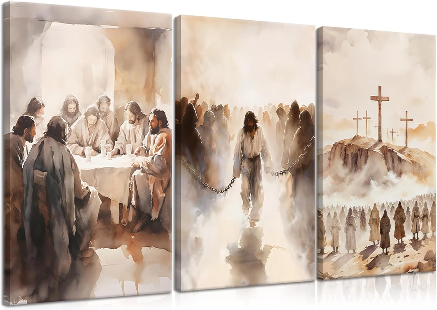 3 Piece Jesus Canvas Wall Art Set - The Journey of Faith Series: Last Supper, Passion of Christ & Calvary Cross - Religious Triptych Prints for Home Chapel, Church, Living Room Decor - 12"x16" x 3 Panels, Framed