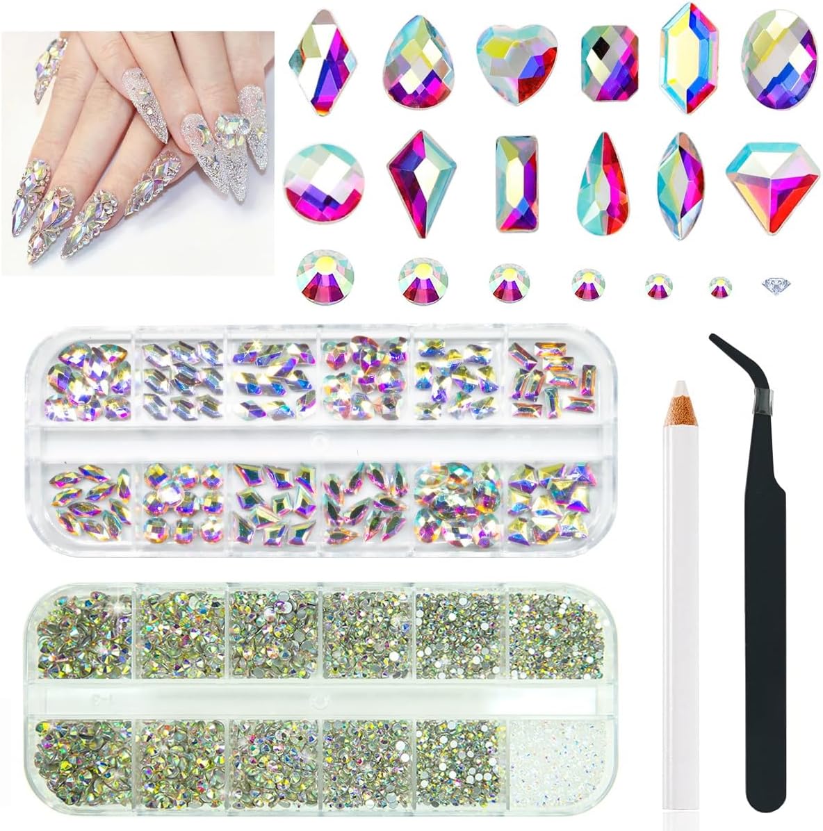 Crystal AB Nail Rhinestones qiipii 2630Pcs AB Flatback Rhinestones Nail Art Gems Round Beads K9 Glass Stones Diamonds Jewels Multi Shapes Nail Charms for Nails Faces Eyes Makeup Clothes Shoes Crafts