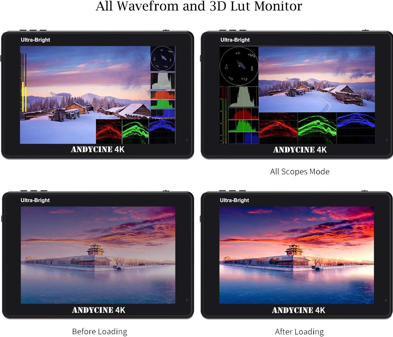 ANDYCINE C7 monitor displaying waveform and 3D LUT features, showing how the image changes after a LUT is applied.