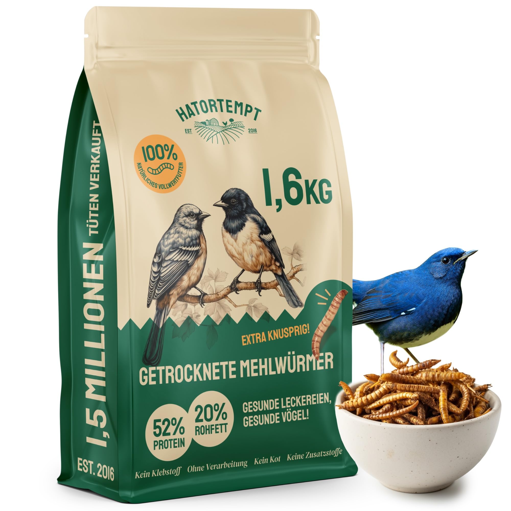 Hatortempt 10L Premium Mehlwürmer getrocknet - Non-GMO, Natürliches Vogelfutter Wildvögel ganzjährige Ernährung, trockene Würmer für Vögel, Hamster 1.6 kg - Vogelfutter Wildvögel Ganzjährig