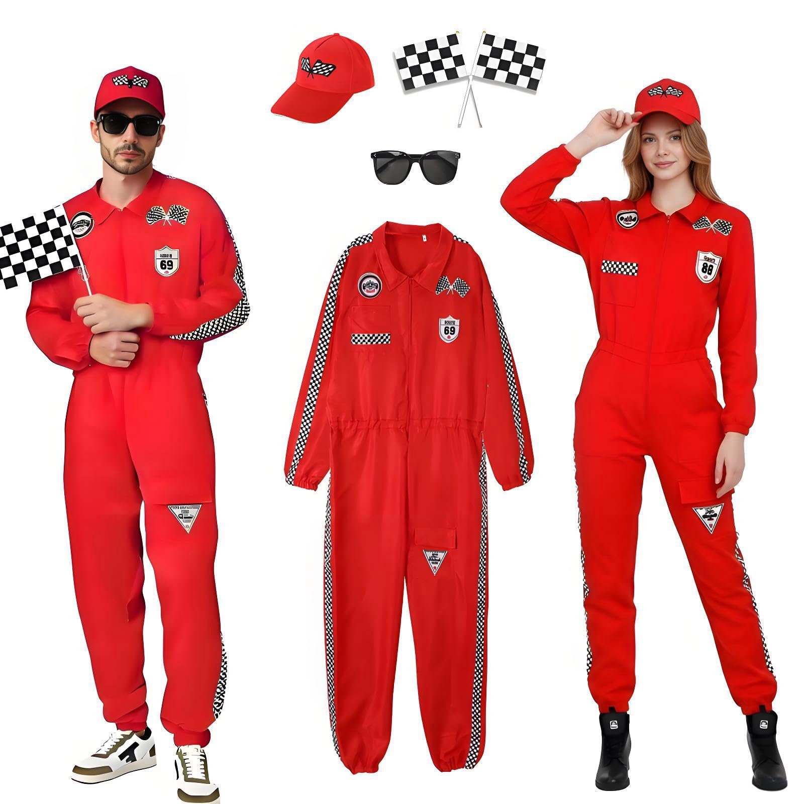 Rennfahrer Kostüm Herren, Rot Anzug Overall Damen Jumpsuit für Erwachsene, Racer Kostüm mit Handschuhen Hut für Karneval Halloween