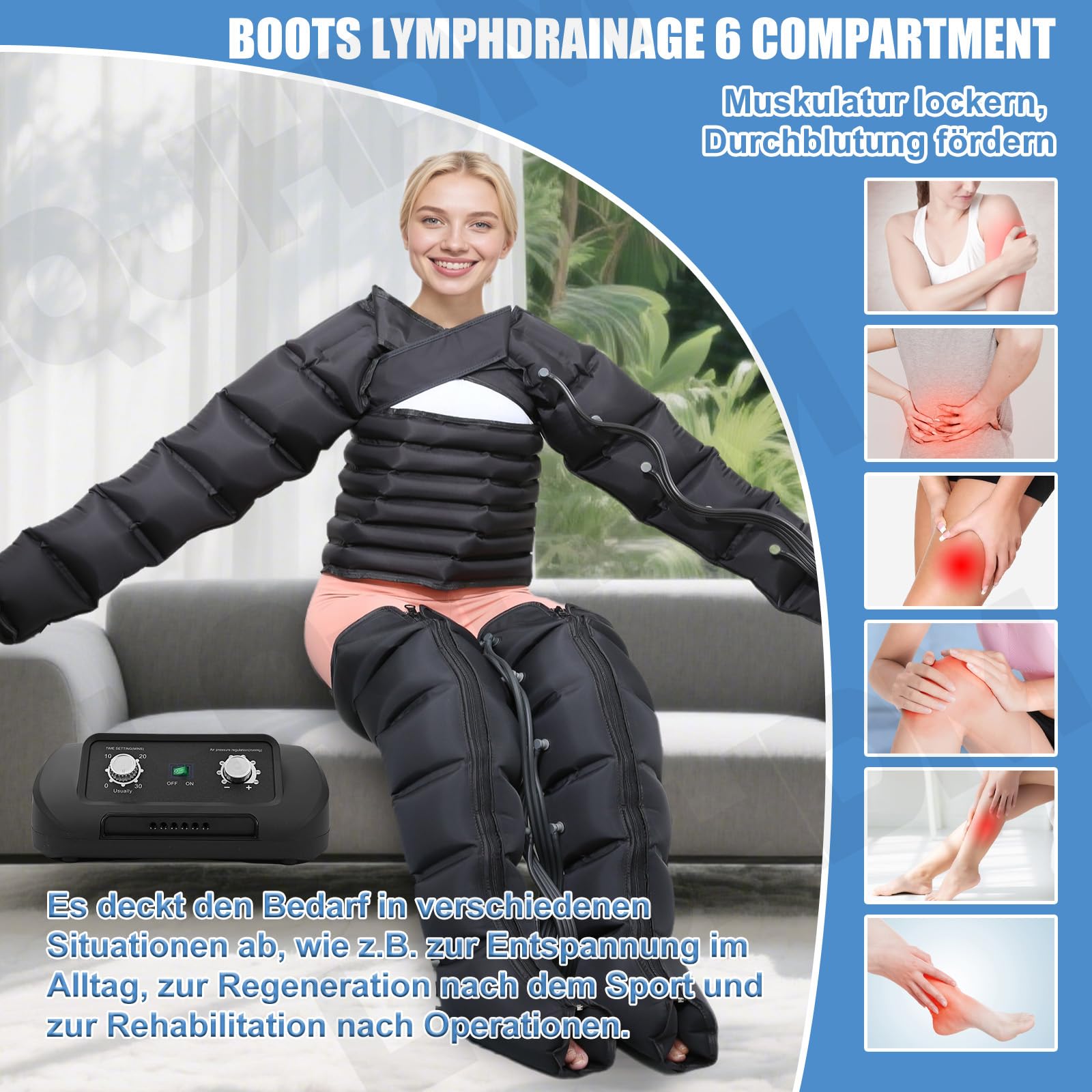 Lymphdrainage Gerät Beine | 6-chamber Presoterapia Recovery Boots zu Hause Beinmassagegerät | Professionelles Massagegerät Presotherapie (Schwarz 2 Beine + 2Arme + Bauch, M)