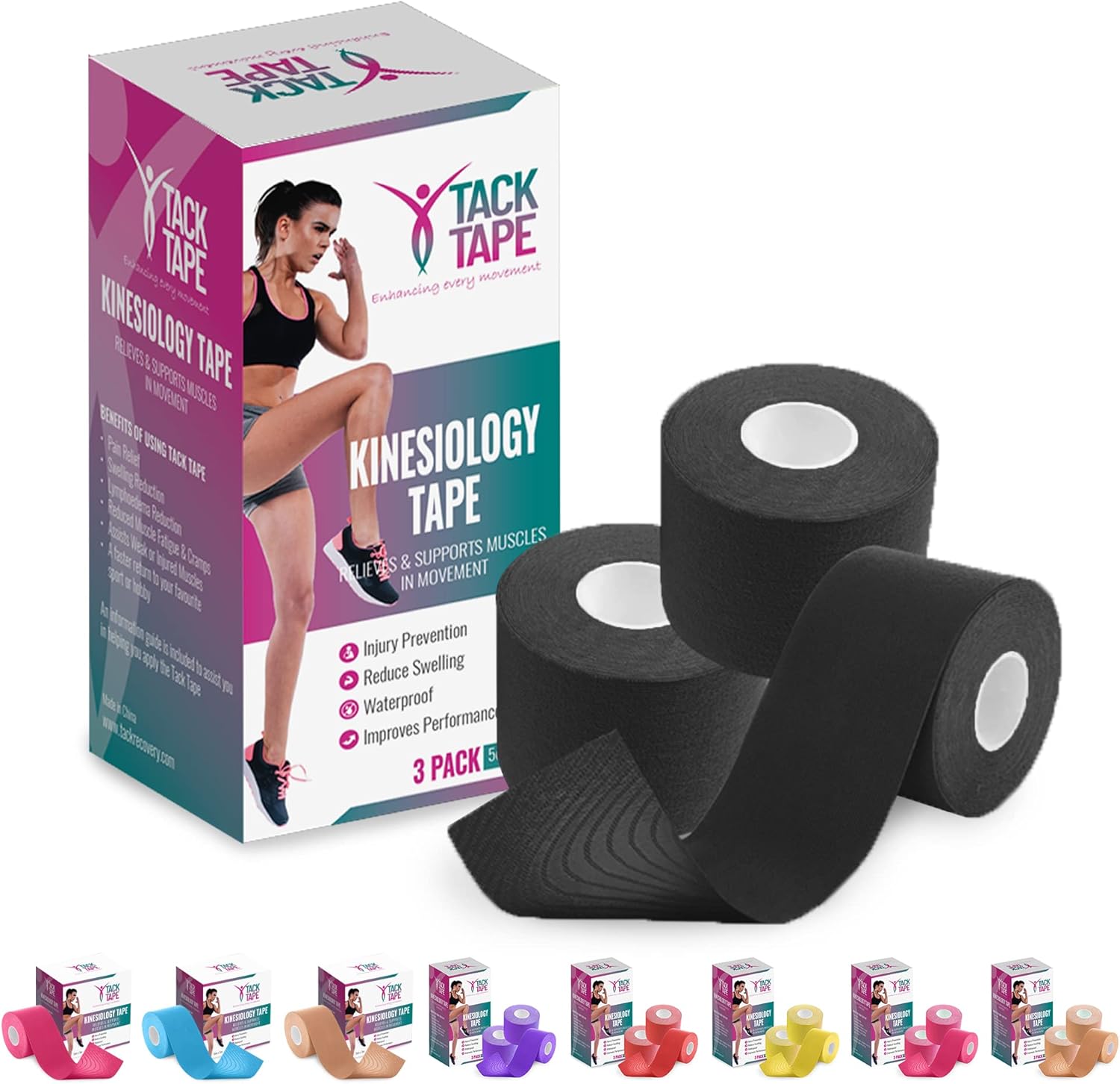 Tack Black Sports Tape Athletic Tape 3 Rolls – Waterproof Kinesiology Tape, Kinetic Tape for Knee, Latex Free, Hypoallergenic, Sticks Well, Stays Longer, Easy to Apply & Remove