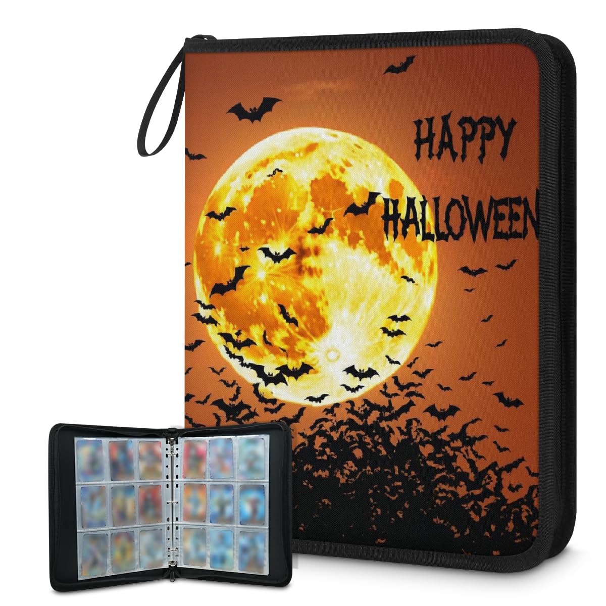 Raccoglitore per carte collezionabili con 9 tasche, motivo pipistrelli di Halloween, con maniche rimovibili, impermeabile, con cerniera, 50 pagine, capacità 900 carte