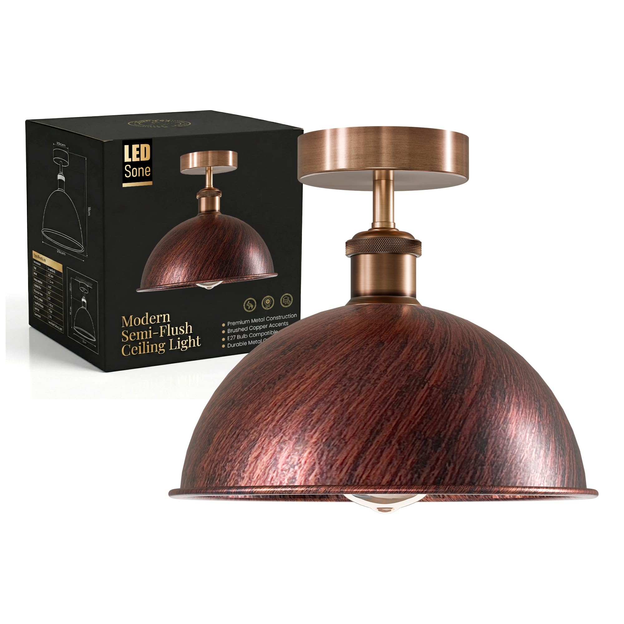 LEDSone Industrial Flush Mount Ceiling Light with 21CM Dome Shade and E27 Light Holder Semi Flush Light Fitting for Kitchen Bedroom Hallway Cafe Living Room with Bulb.