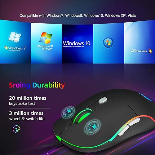 Miniatura 5 de Ratón con cable, mouse para portátil con fácil clic para oficina, hogar, jugador, 3200 DPI, botones programables, mouse USB retroiluminado LED