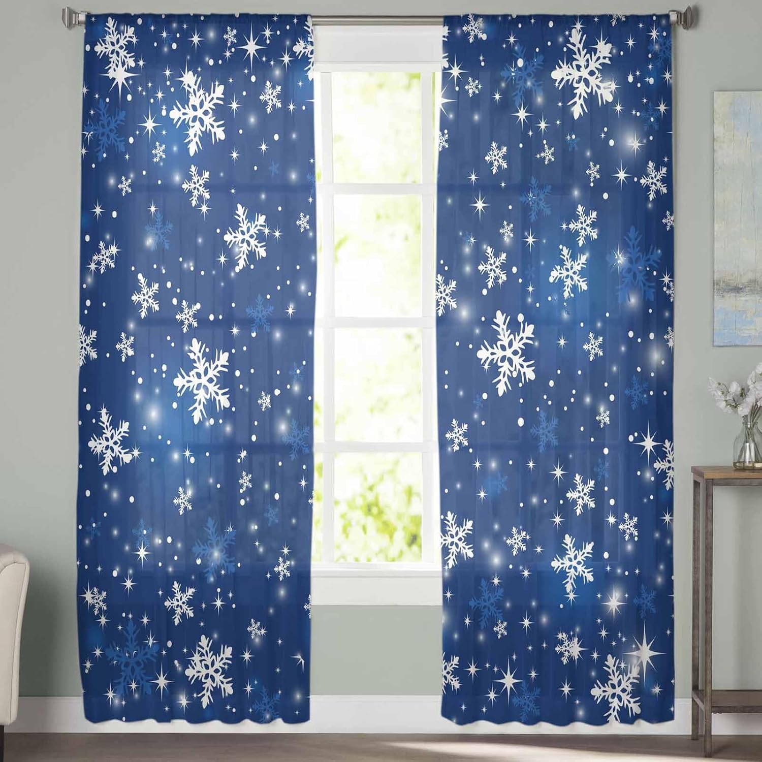 Navy Blue Christmas Sheer Curtains 84 Inch Length 2 Panels Set, Winter Snowflake Xmas Semi Sheer Curtain for Living Room, Shiny Blue Christmas Voile Window Curtains Sheers Drapes for Bedroom