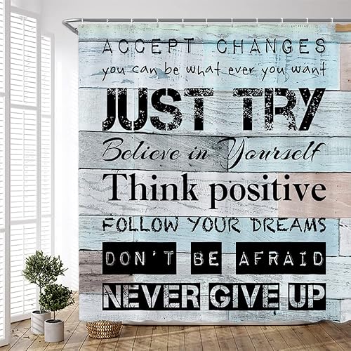 Cortina de ducha con cita inspiradora, palabras motivacionales, simplemente prueba la tabla de madera rústica vintage, cortinas de tela de poliéster
