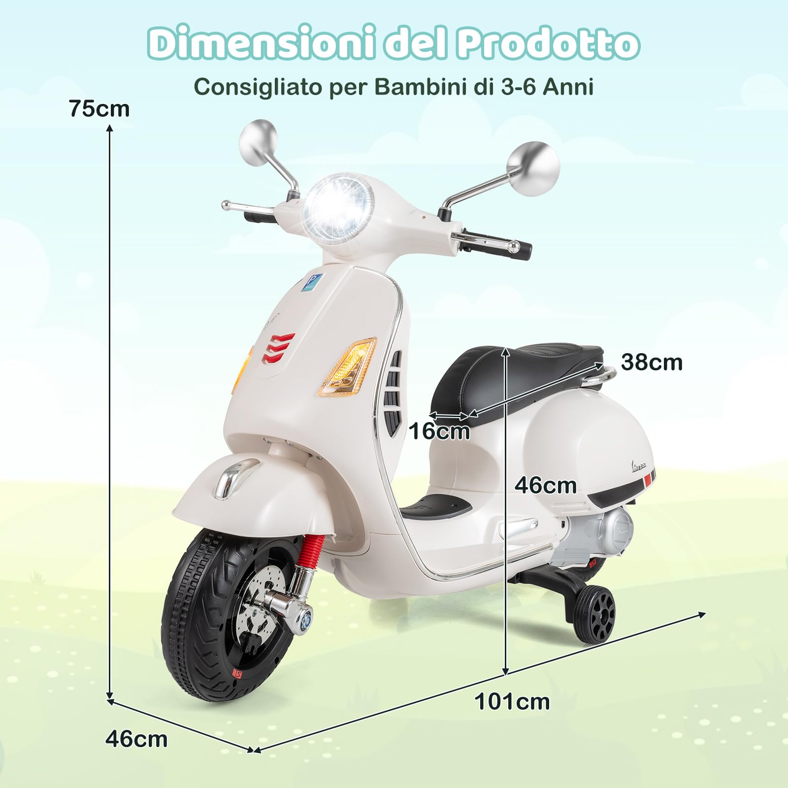 RELAX4LIFE Moto Elettrica per Bambini, Vespa Licenziato con Luci LED, Ruote di Addestramento, Musica, Clacson e Pulsante di Avvio Unico, Batteria da 12V, per Bambini 3-6 Anni (BIANCO)
