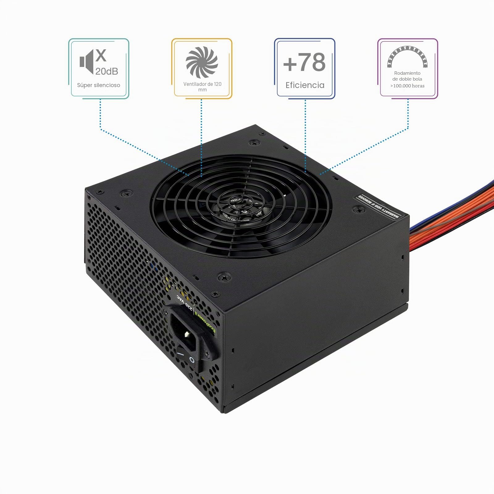 Tooq TQEP-550SP - Fuente de Alimentación Ecopower II de 550W con PFC Pasivo, Ventilador silencioso de 120mm con control automático de velocidad, negro