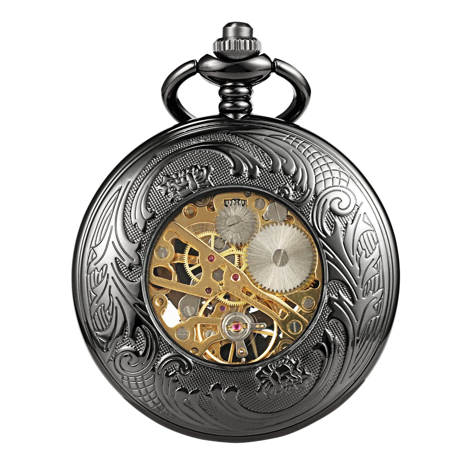 TREEWETO Mechanische Herren Taschenuhr, Sonne und Mond, Skelett, römischen Ziffern, Taschenuhren mit Kette für Herren