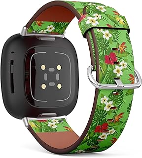 CJBROES Replacement Leather Watch Band, Compatible with Fitbit Versa 3 and Fitbit Sense of Wristband Bracelet Accessory - Tropical Exotic Flowers Leaves