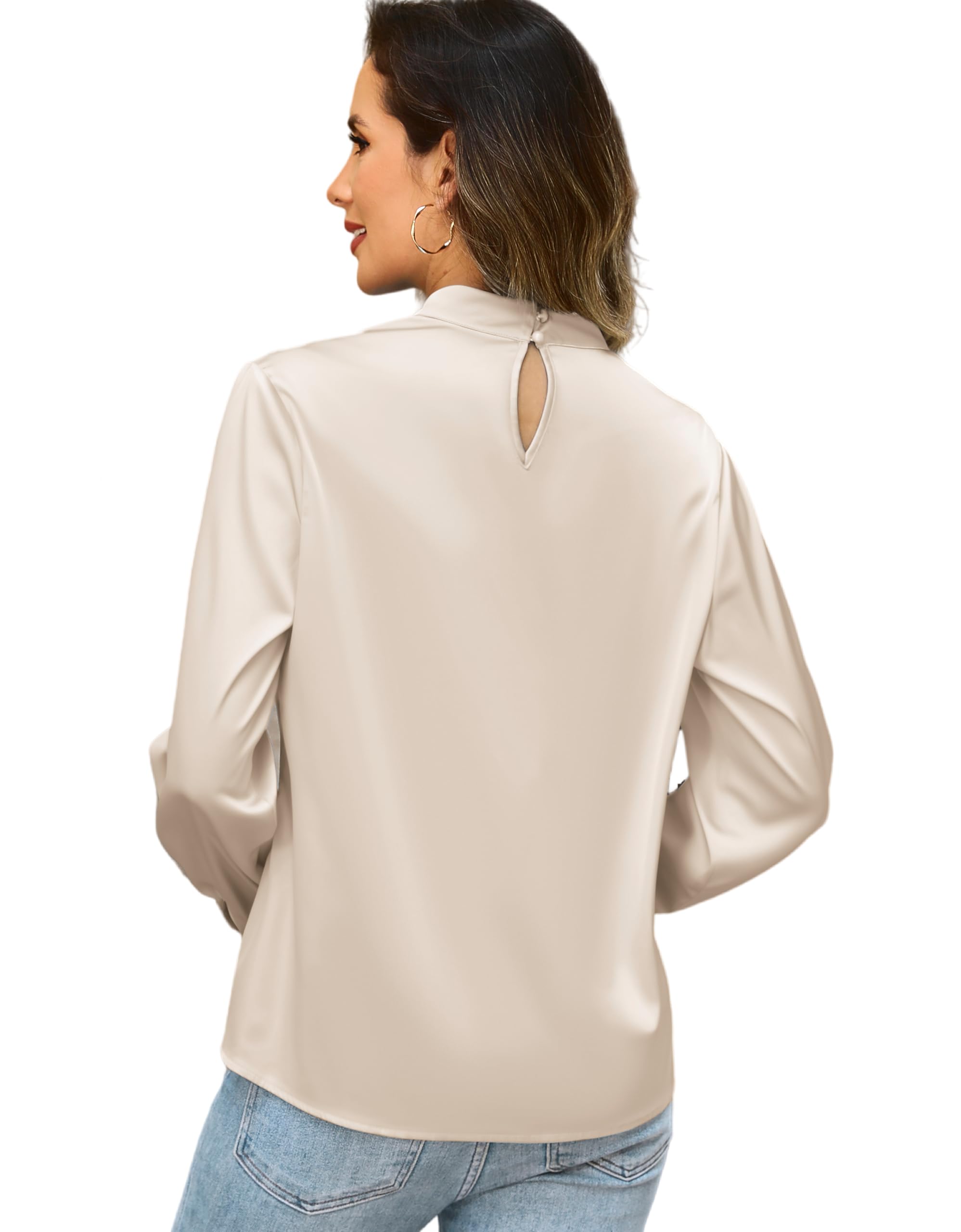 Neweek Womens Satin Blouses Long Sleeve Mock Neck Elegant Pleated Silk Shirts Tops for Business Casual Work