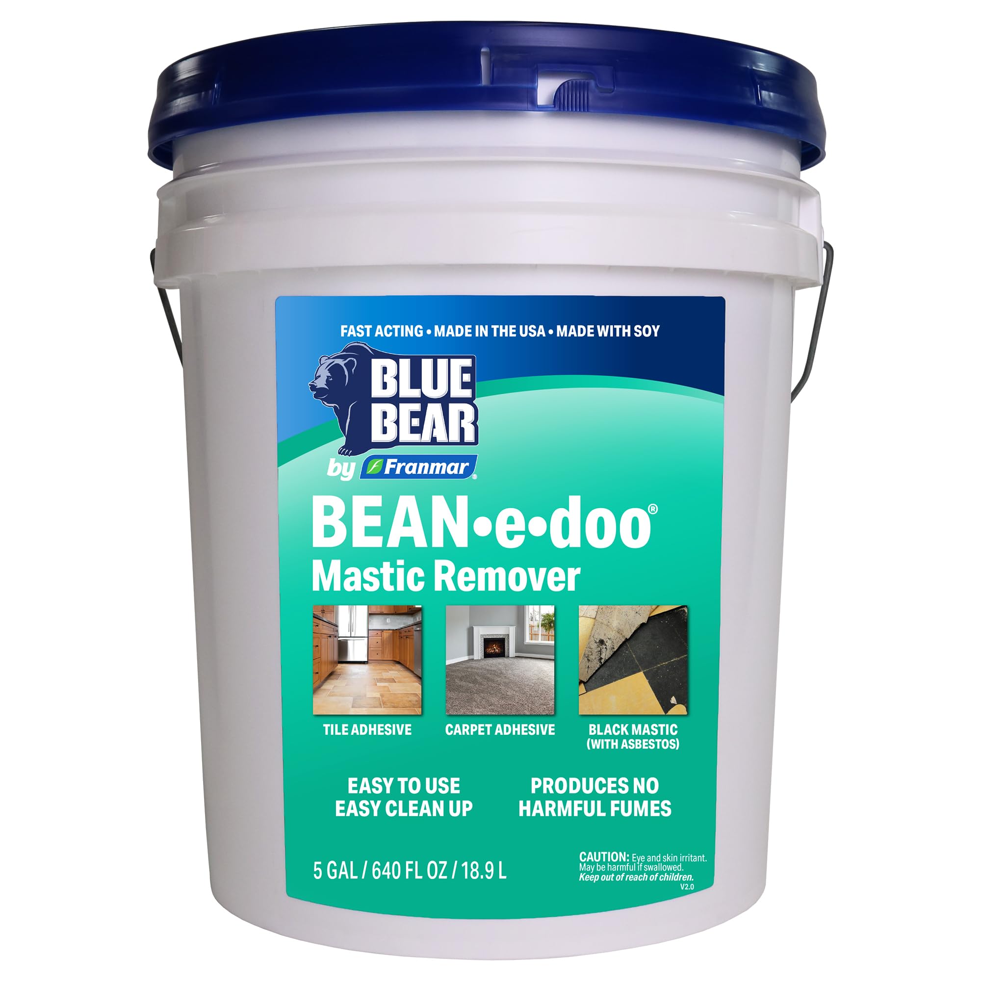 BLUE BEAR BEAN•e•doo Mastic Remover – Low-Odor, Soy-Based Adhesive & Carpet Glue Remover for Concrete – Removes Black Asbestos & Vinyl/Acrylic Mastics – Easy Cleanup – 5 Gal