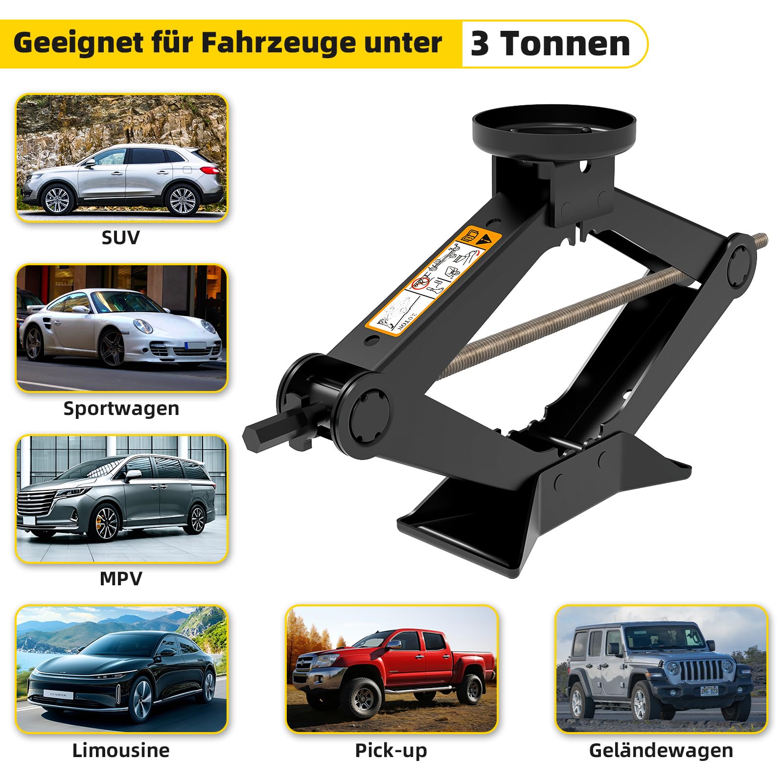 Wagenheber 3T,3000 kg Scherenwagenheber für Auto, mit Gummiauflage, tragbarer Auto-Wagenheber mit Radmutternschlüssel, Reifenwechsel- und Notfall-Set für SUV, MPV und Tesla