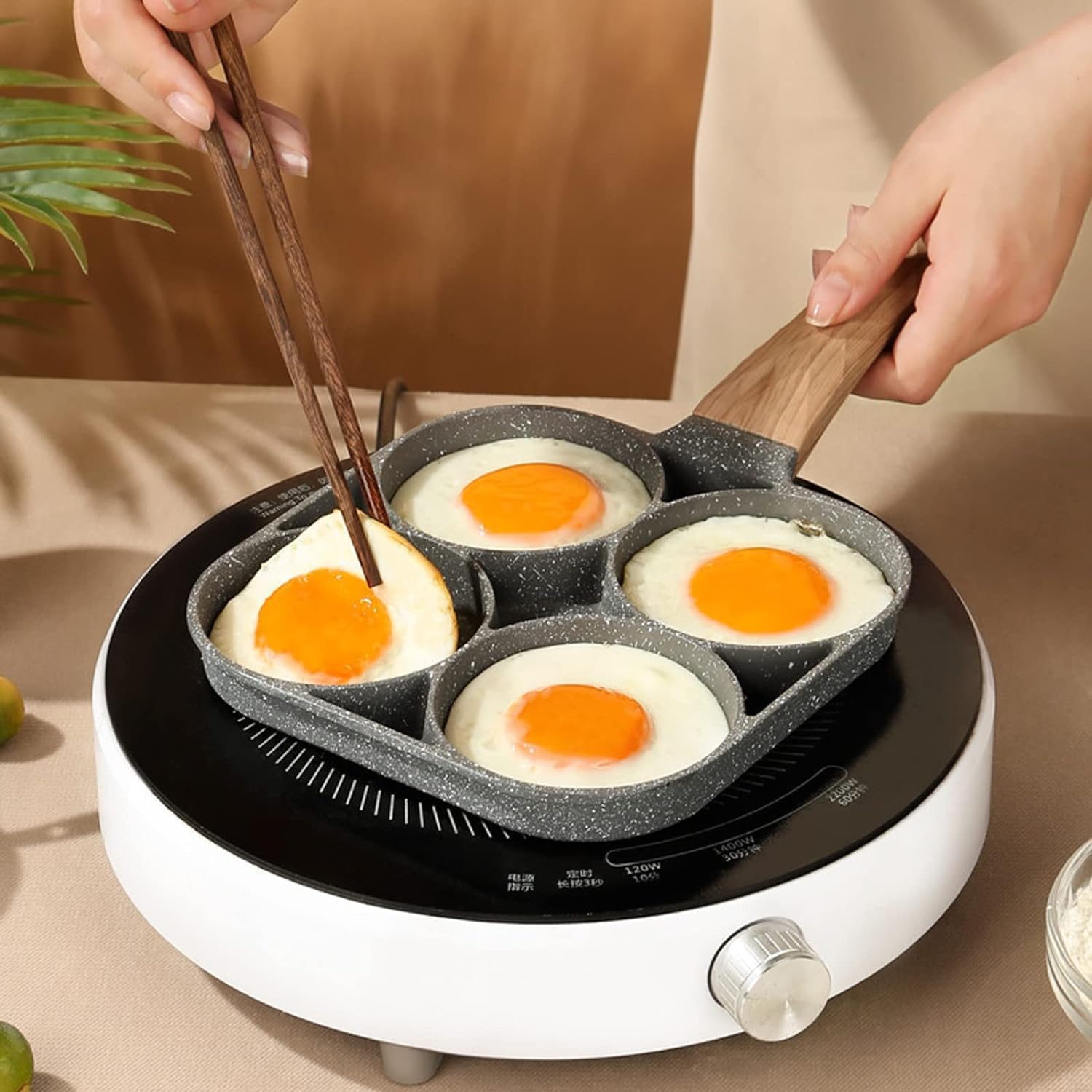 Veemok 4 Hole Omelet Pan for Burger Eggs Ham Pancake Maker Wooden Handle Frying Pot Non-Stick Cooking Breakfast Black (1 Pan) 1