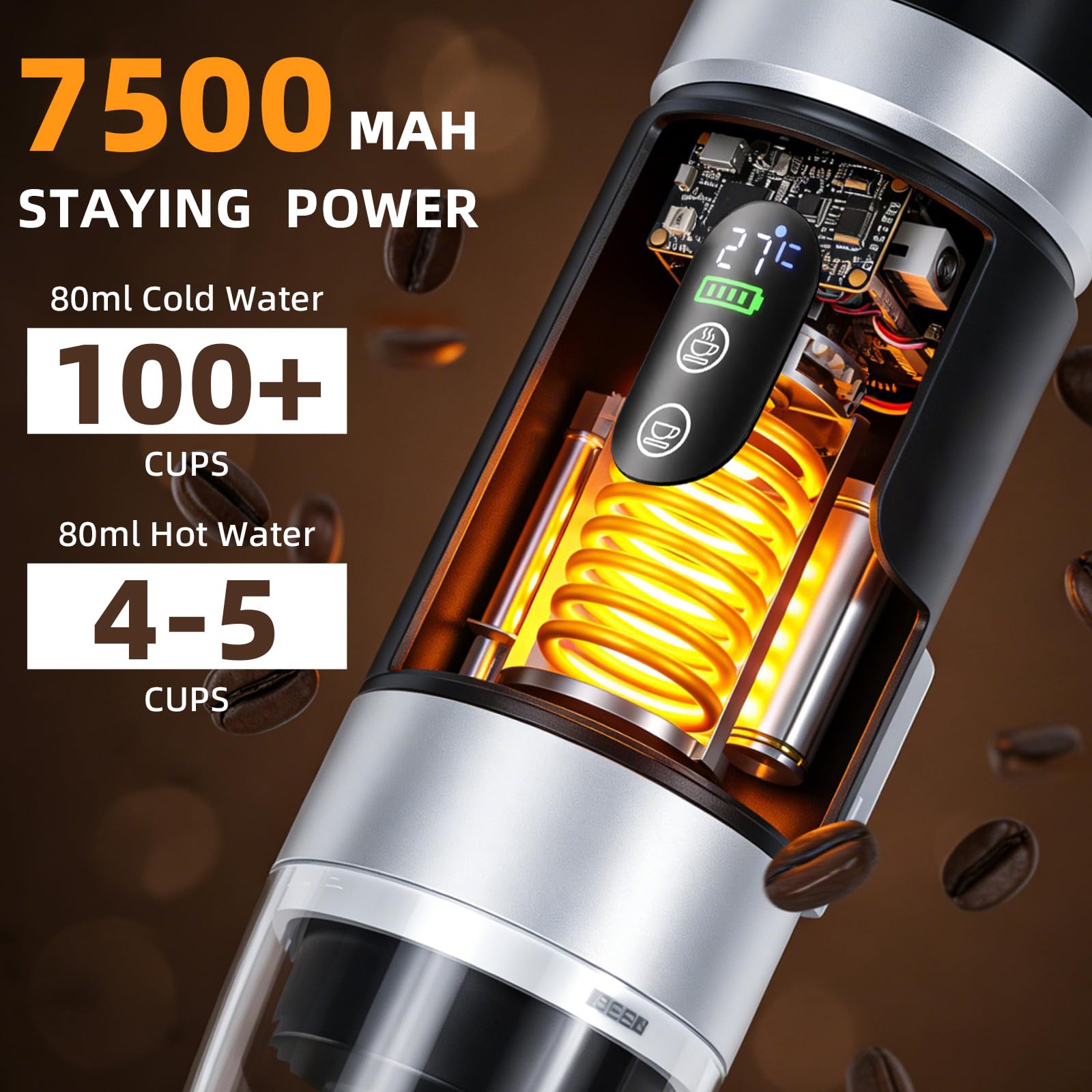 Cafetera Portátil 20 Bar, 3 en 1 Cafetera Espresso Eléctrica Portátil Maquina de Cafe Portatil Recargable Compatible con Cápsulas Pequeñas/Grandes y Café Molido para Viajes Acampada Oficina y Hogar - 5