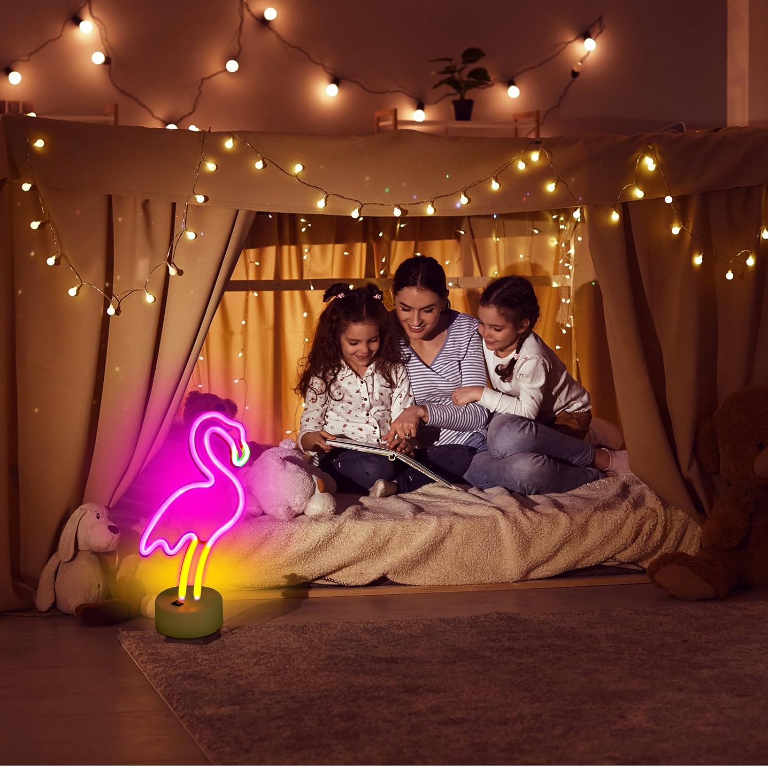 UrsaMajor Flamingo Neon Light, 2Pack Pink Flamingos Girls Room Decor, USB/Battery Operated LED Neon Signs for Party, Birthday Decoration, Office Desk, Valentine Gifts