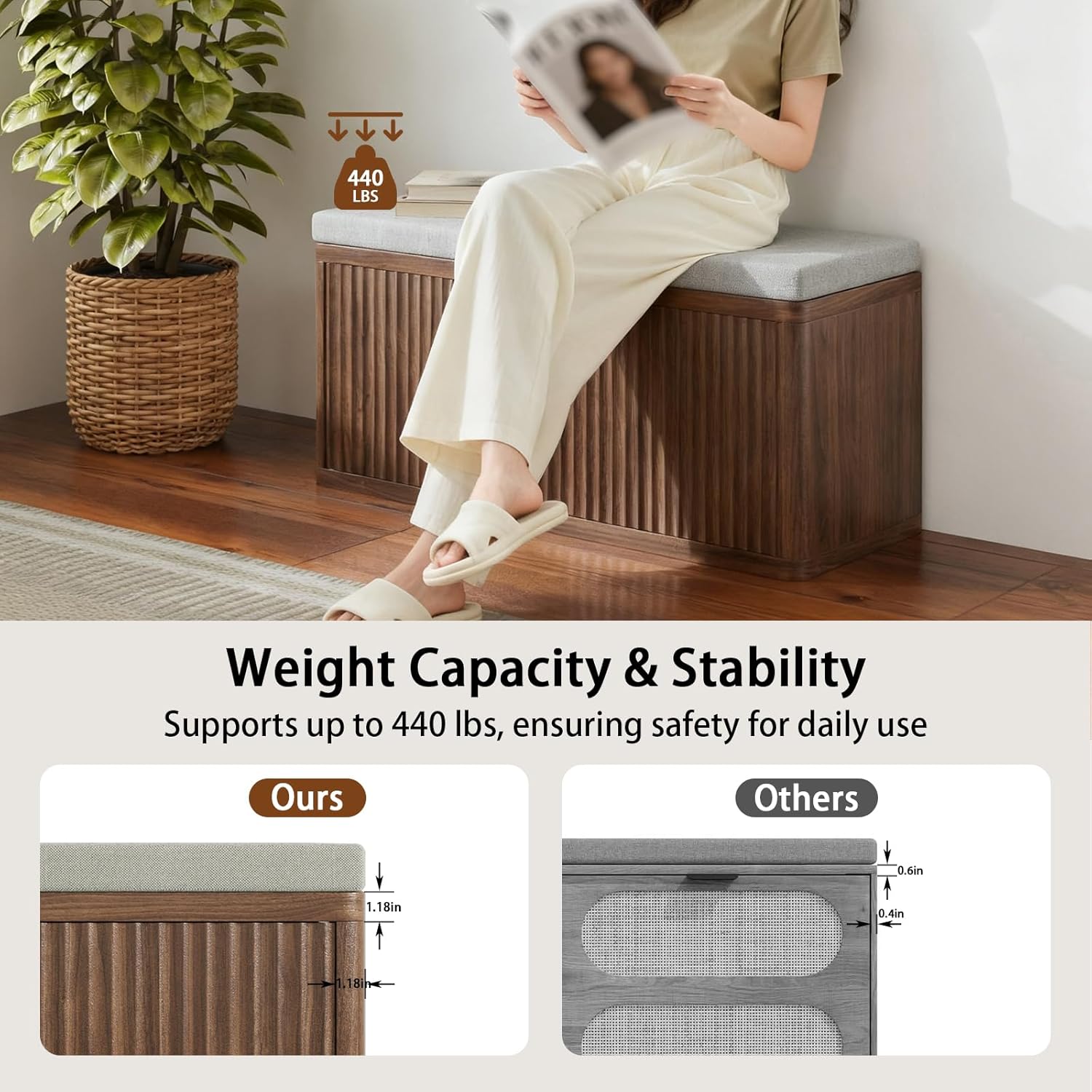 Double Layered Shoe Cabinet with Bench,Wooden Shoe Bench with Soft Cushion,Double Door without Handle Pressing Spring,Fluted Panel,Suitable for Entrance,Corridor and Living Room (Shoe Bench-Walnut)