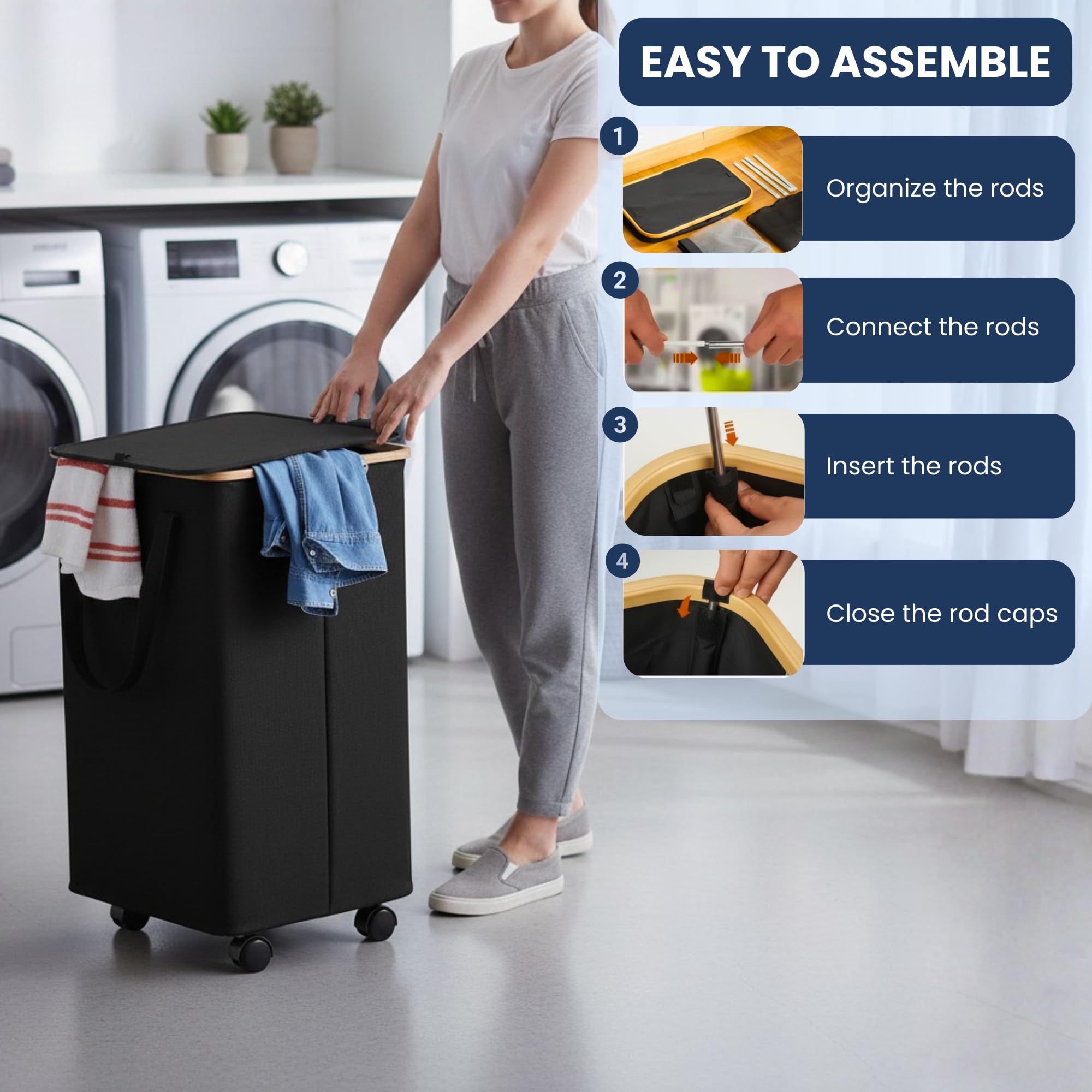 Cesto per Biancheria Sporco con Ruote e Coperchio 70L, Grande Cesto per Bucato Pieghevole con Sacco Interno Rimovibile e Maniglie, Ideale per Bagno, Camera e Lavanderia