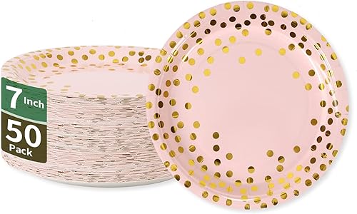 Miniatura 8 de Platos de papel de oro blanco y rosa, 100 platos desechables de 50 x 9 pulgadas y platos de postre de 50 x 7 pulgadas, platos de papel con puntos