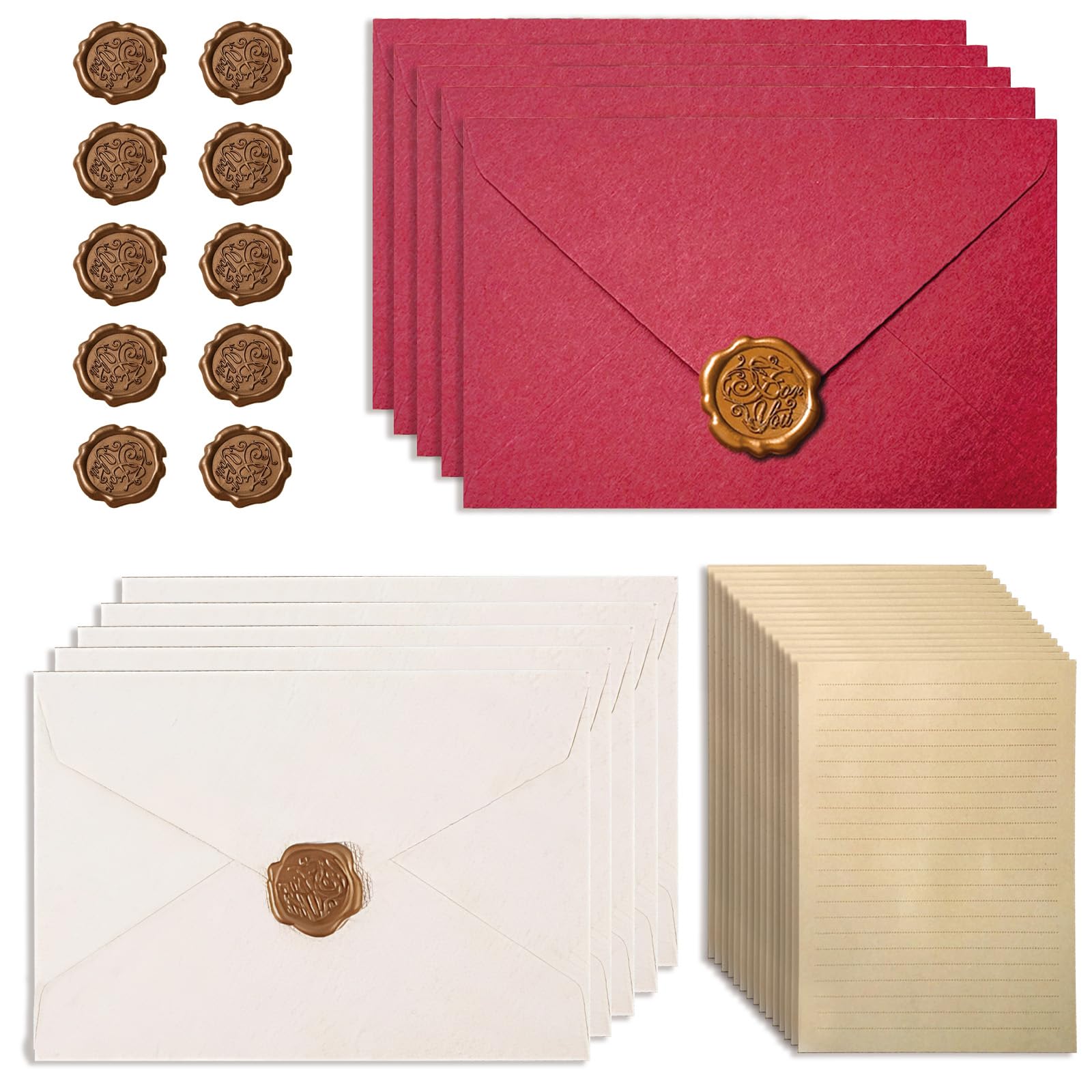 Solvio 35PCS Letter and Envelope Set Includes 10 envelopes, 15 Sheets of Kraft Paper, and 10 Wax Seals. an Elegant Letter Set Suitable for Wedding Invitations, Birthday Cards, and Love Letters.