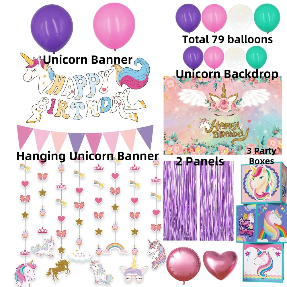 Unicorn Birthday Party Supplies Unicorn Party Decorations Kits for Girls with Party boxes, Backdrop, Balloons, Curtains and Banners
