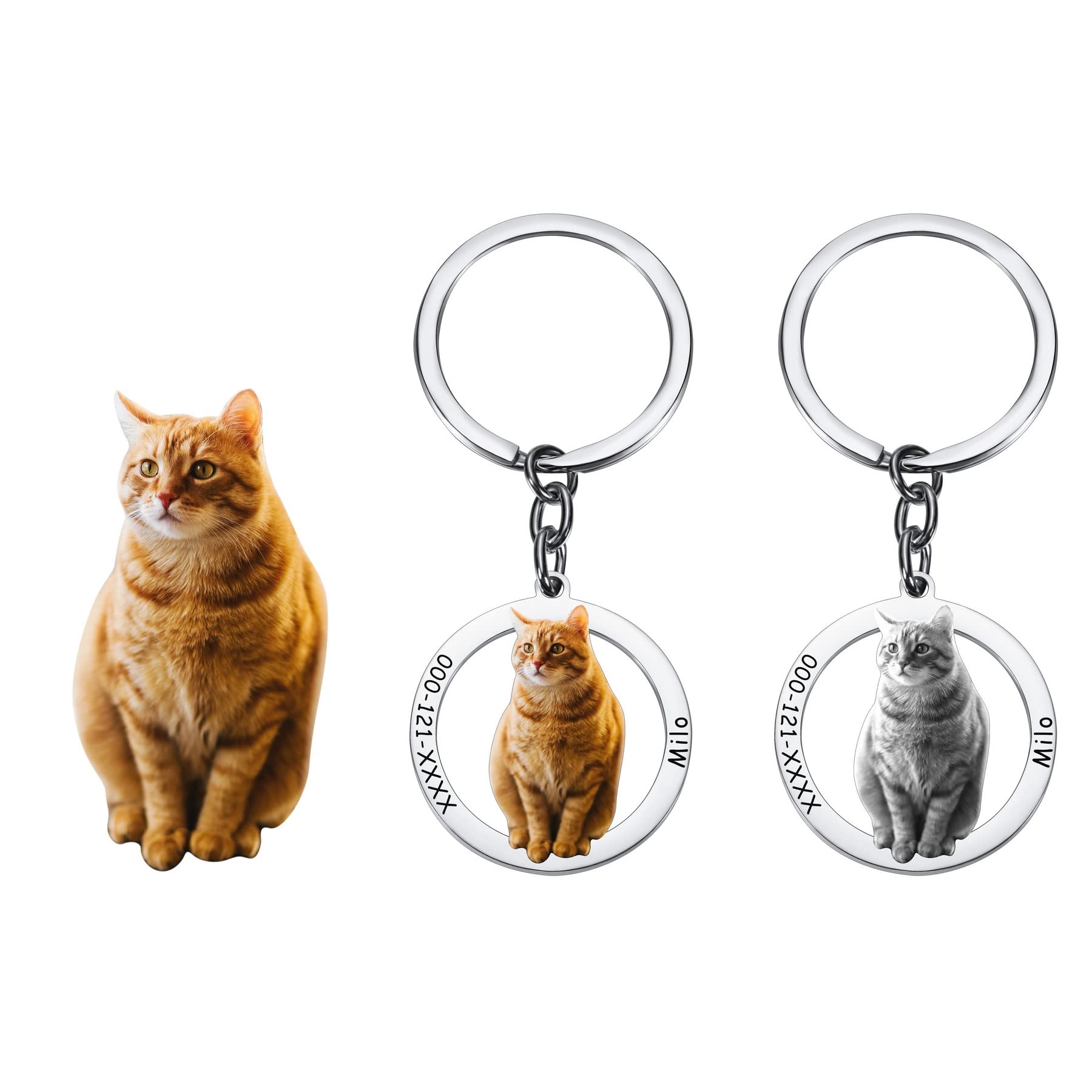 MeMeDIY Custom Keychain with Dog Tags/Cat Tags/Pet Tags ID, Heart-Shaped/Round-Shaped Pendant-Engraved Pictures/Text, Personalized Dog Tags Keychain for Pet Lovers(round, b&w)