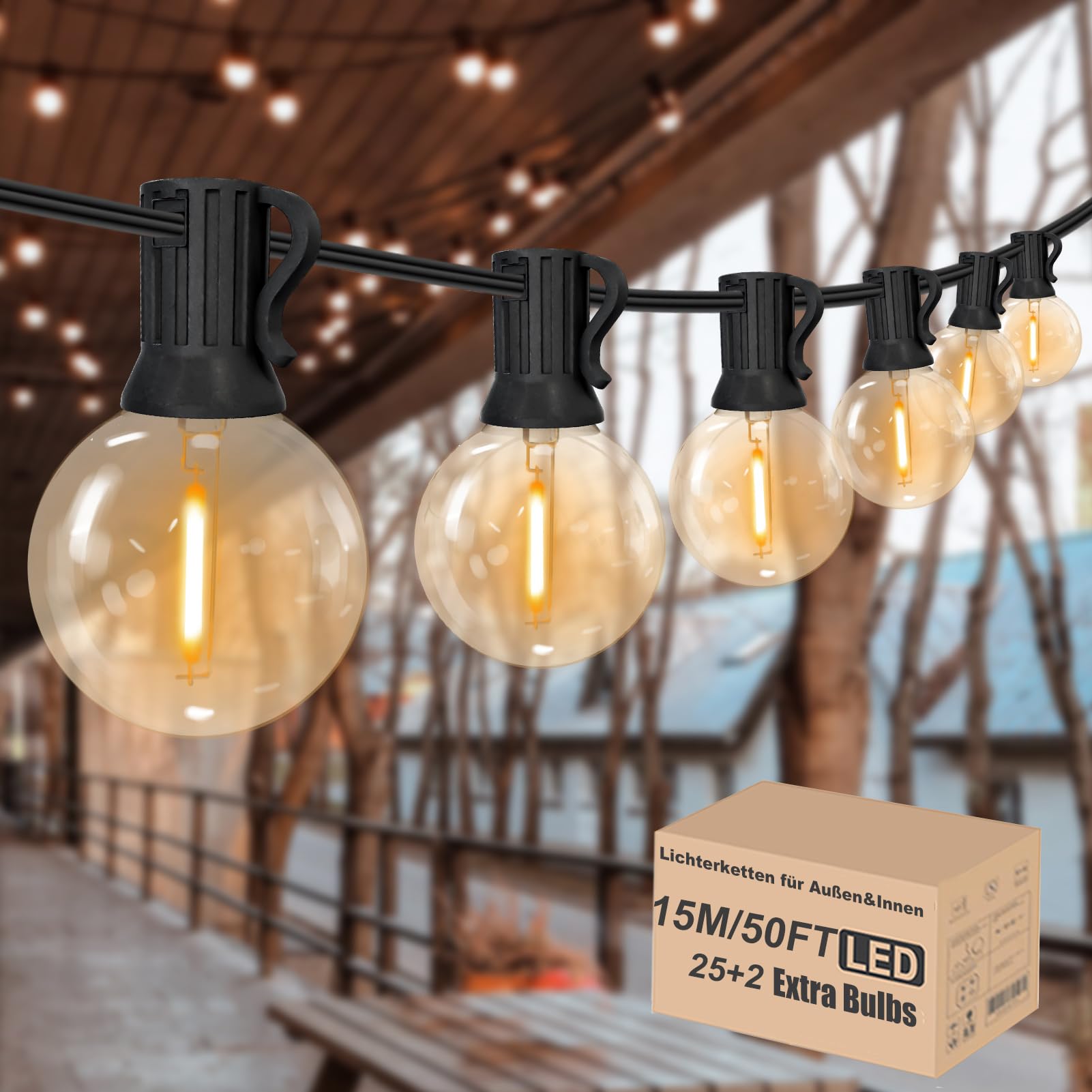 Achin Lichterkette Außen Warmweiß 2700K Lichterkette G40 E12 Birnen Lichterkette für Außen Garten Hochzeit Terrassen