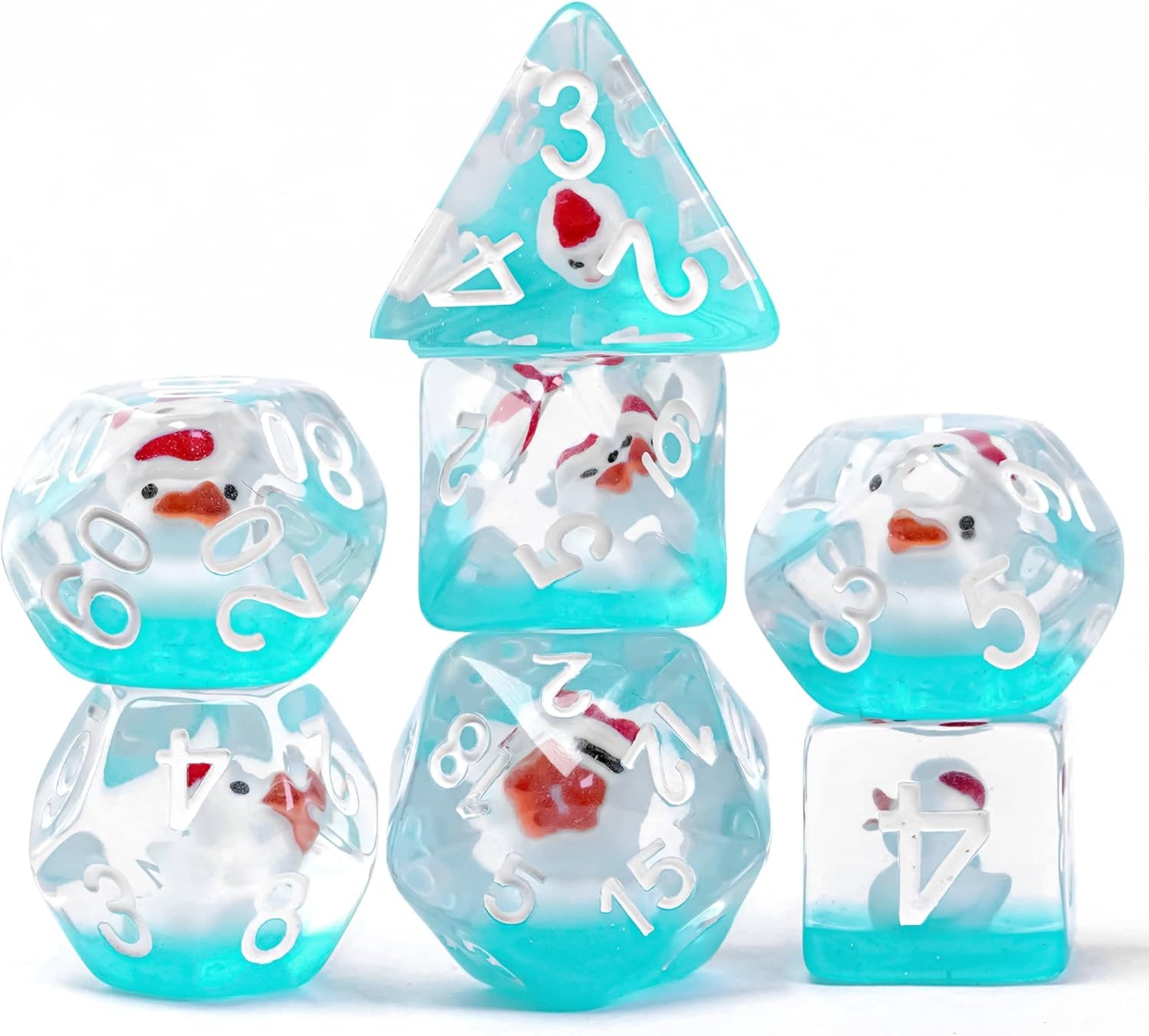 World of Dice Pen and Paper Dice Set - Duck Edition - 7 Polyhedral Pen Dice Made of Plastic, W20, W12, W10, W10.0, W8, W6, W4 (Xmas with Santa Hat, Blue)