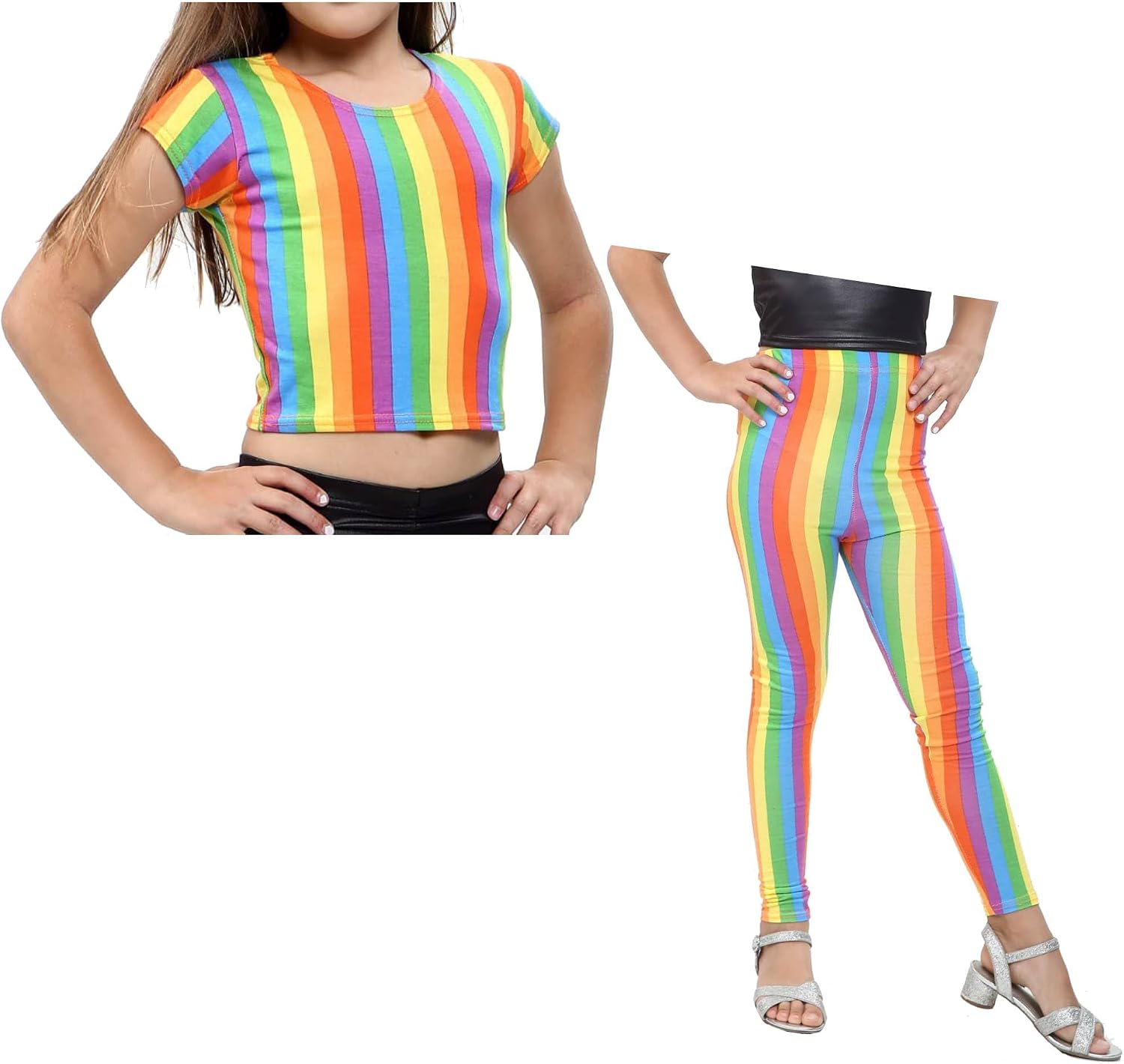 Girls Rainbow Crop Top Leggings Shorts Set Childrens Shirt Summer Party 5-13 Years