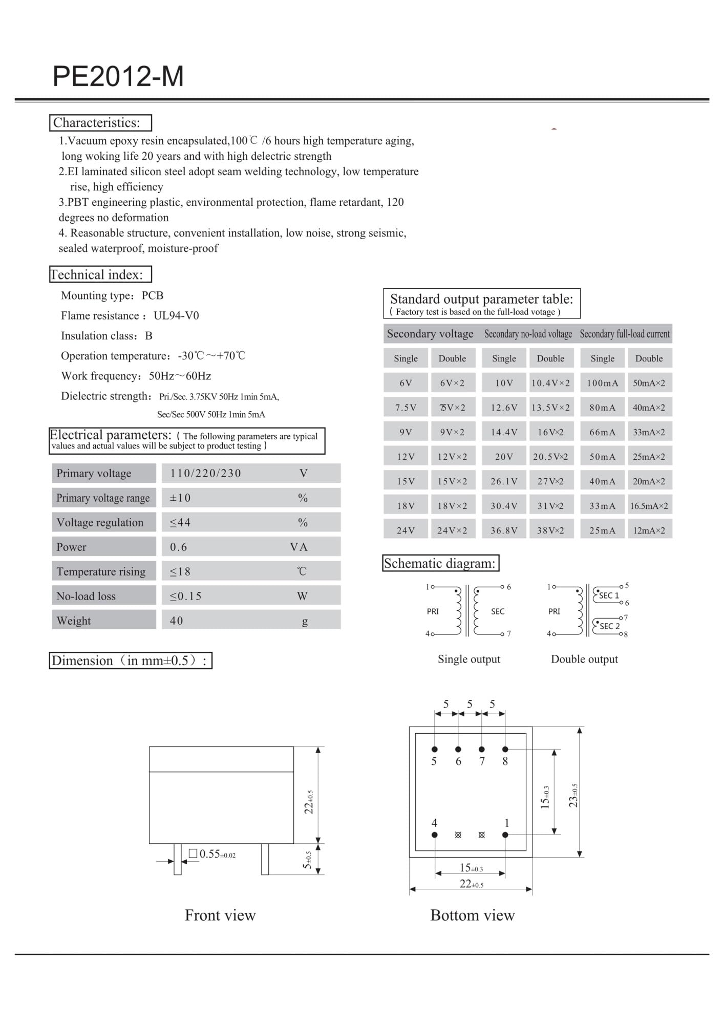 PE2012-M Leistung 0,6VA 220V /6Vx2 /7,5Vx2 /9Vx2 /12Vx2 /15Vx2 /18Vx2 /24Vx2 Trenntransformator(0.6VA -220V-18Vx2)