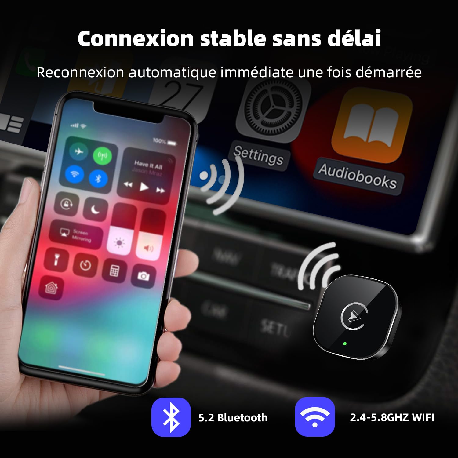 2026 Carplay sans Fil, Mini Adaptateur Carplay sans Fil pour iPhone et Plus de 1k+ Voitures, Type-C/USB, Connexion Rapide Stable, Compatible avec iOS 10+ Autos à partir de 2015