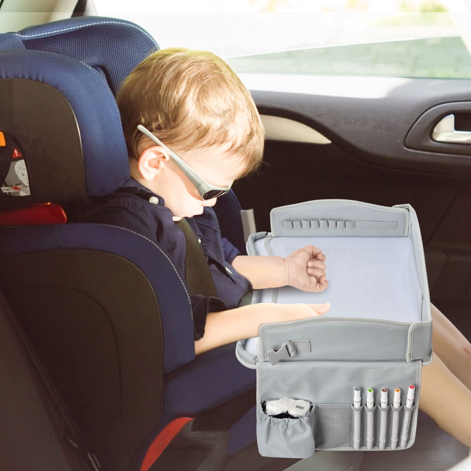 Gomice Vassoi per seggiolini Auto per Bambini - Vassoio da Viaggio Durevole con Supporto per Pad Touch Screen e Tasca Laterale - Accessorio da scrivania da Viaggio per Passeggino e Aeroplano