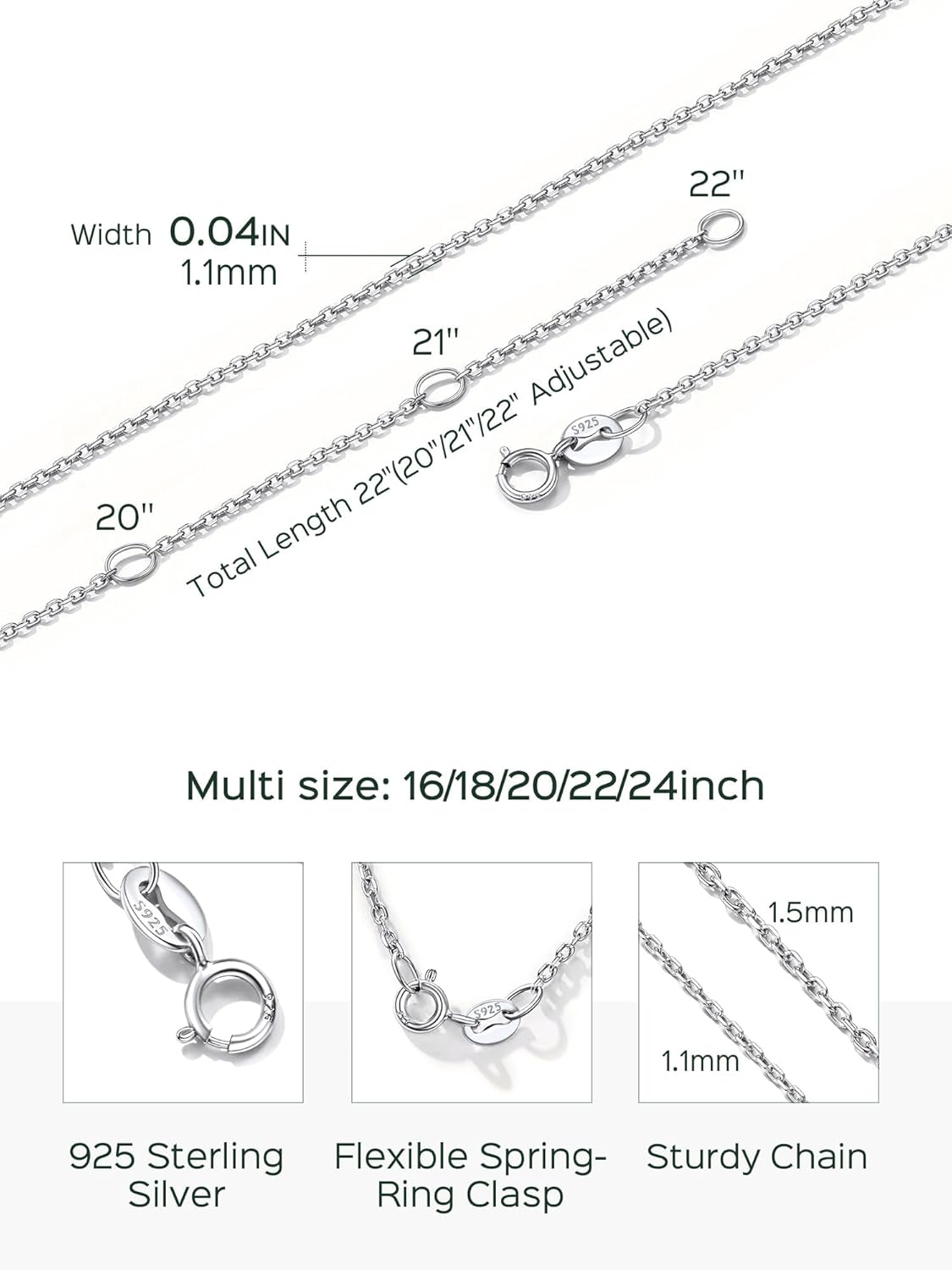 ChicSilver 1.1mm/ 1.5mm 925 Sterling Silver Chains for Women Dainty Thin Silver Necklace Chain for Women - 16/18/20/22/24 Inch - Image 7