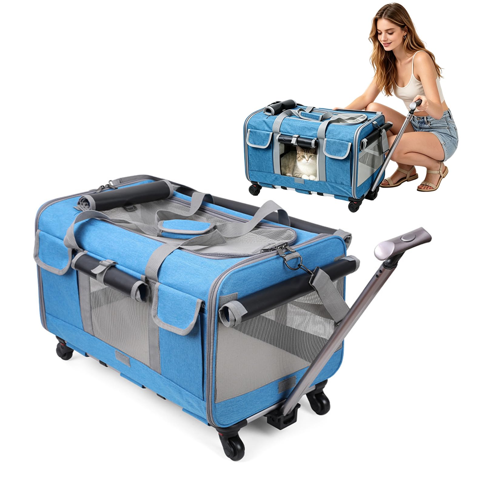 PETCUTE Transporttasche für Katze mit Rollen,Atmungsaktiv Katzen Transporttasche für 2 Katzen,Faltbarer Katzentransportbox Hundetragetasche mit Teleskopgriff,Herausnehmbare Matte, ideal für Reisen