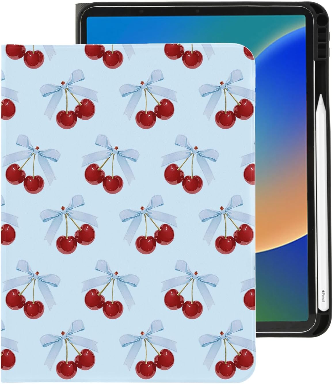 Cute Kawaii Cherry Bow for iPad mini 7 A17 Pro 2024/iPad Mini 6 Case with Pencil Holder, Auto Sleep/Wake and Multiple Viewing Angles, Blue Leather Soft TPU Back Cover