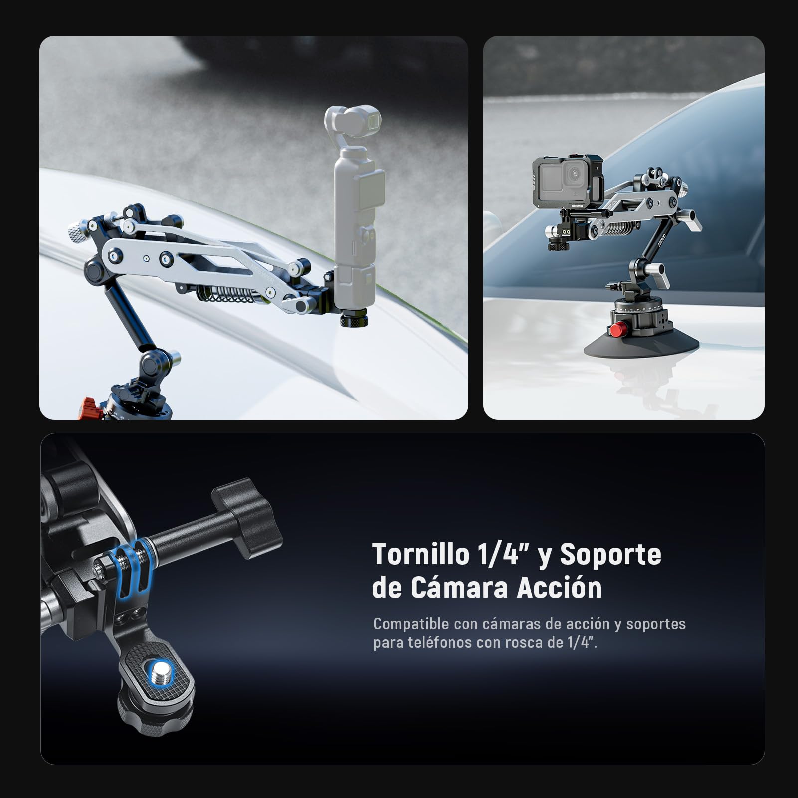 NEEWER Soporte Hidráulico con Ventosa para Coche, riel OTAN con Cierre rápido, Base giratoria de 360°, Compatible con GoPro Dji Osmo Pocket 3 Insta360 X5 X4 X3 cámara de acción 500 g máx. Carga GA022