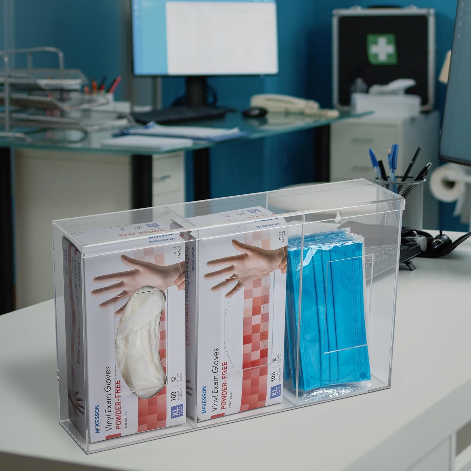 Triple Hygiene Holder - 3 Compartment Acrylic Dispenser with Lid for Hairnets, Glove Boxes, Face Masks, Plastic Bags, Tissue Boxes in Home or Medical Setting - Counter or Wall Mount (Triple)