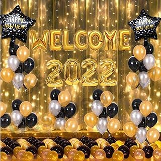 Modo Decorations Items Kit - HAPPY NEW YEAR - WELCOME Foil Banner 16"|2022 Foil Banner|Printed Star Foil Balloon|Golden Si...