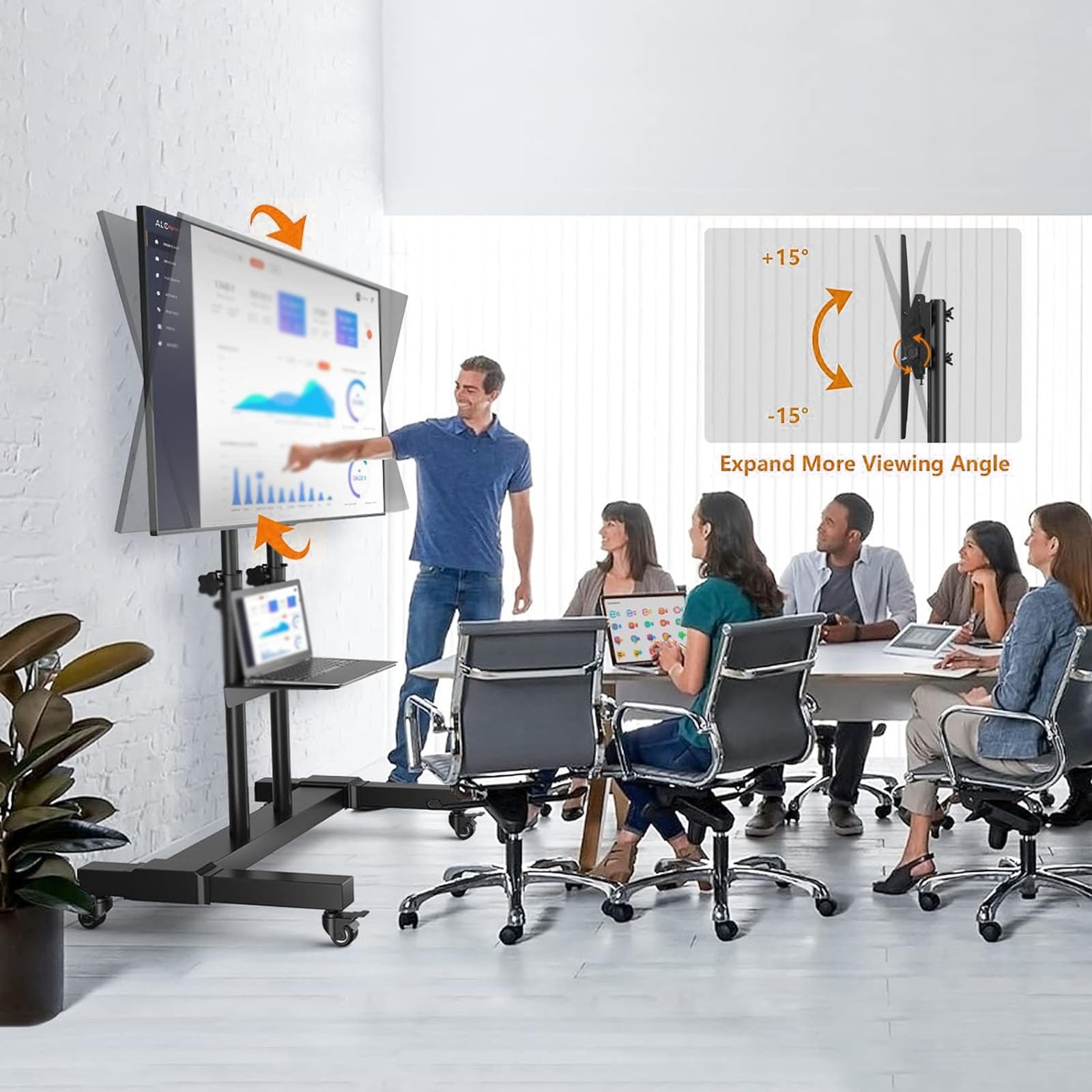Supporto da pavimento per TV LCD - Carrello TV mobile con ruote, carrello TV regolabile in altezza, per la maggior parte dei televisori piatti e curvi da 32" a 80",