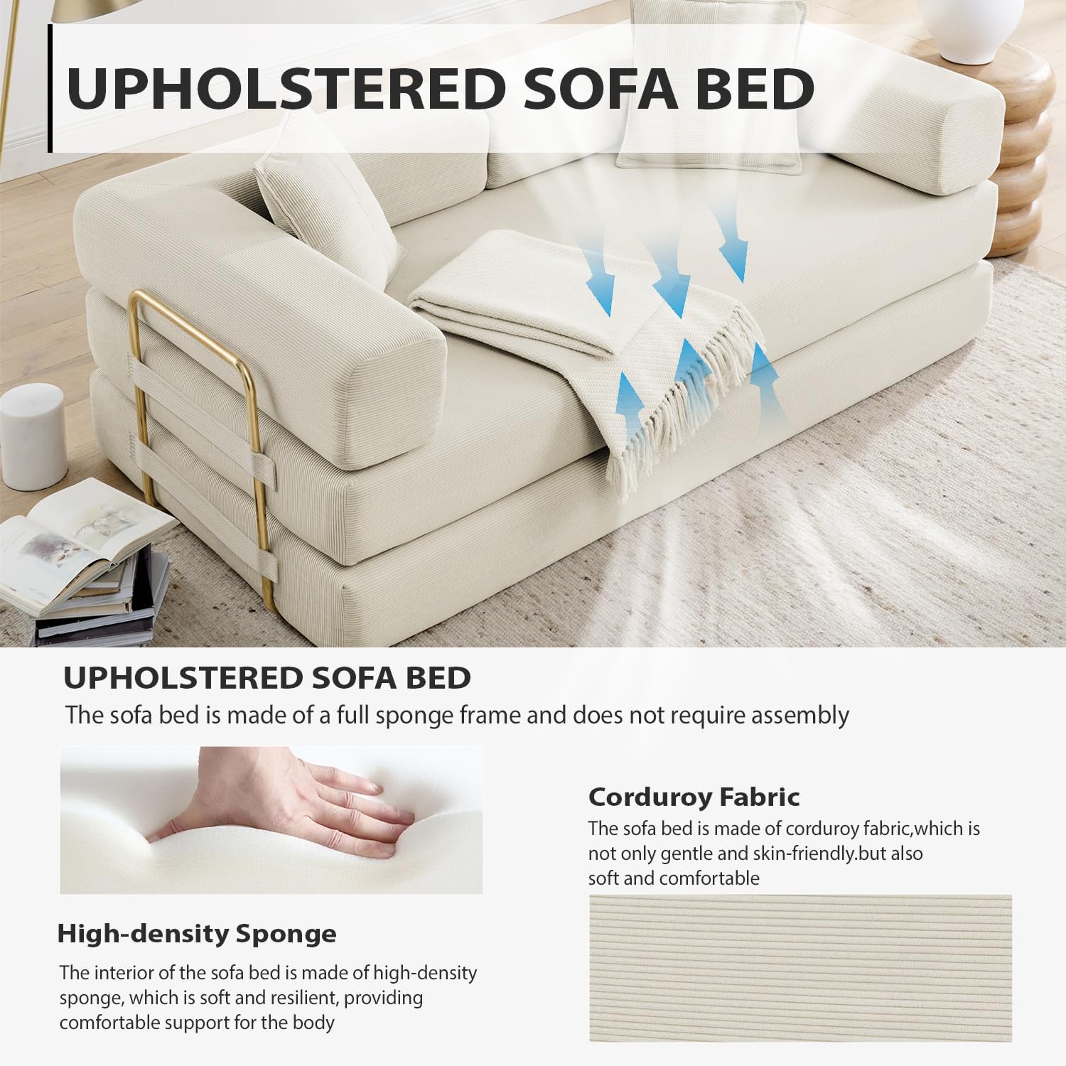 4-in-1 Folding Convertible Sofa Bed, 78 Inch Boneless Couch with Fixed-Shape Frame, Corduroy Loveseat Sleeper with Pull Out Bed, Floor Sofa Modular Futon Couch for Living Room Bedroom Lounge (Beige)