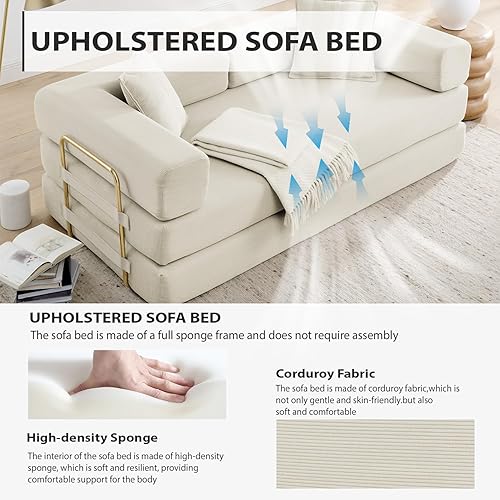 Miniatura 5 de Sofá cama plegable convertible 4 en 1, sofá sin hueso de 78 pulgadas con marco de forma fija, sofá biplaza de pana con cama extraíble, sofá de
