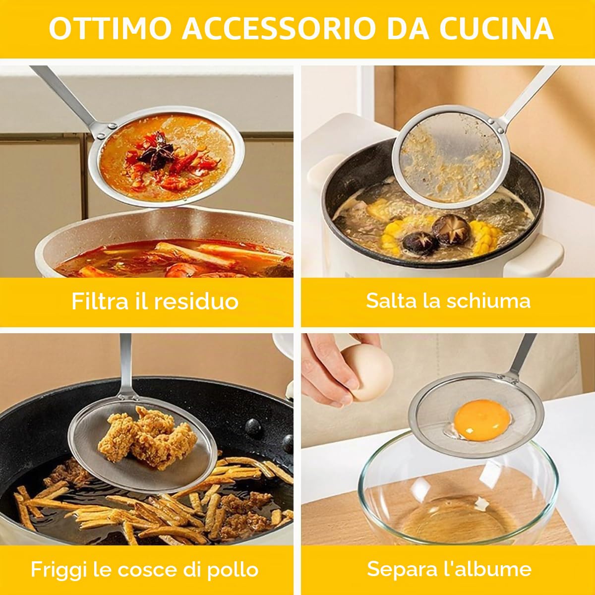 Mestolo per ragnatela in acciaio inox, colino per friggere, colino in acciaio inox, colino in schiuma, setaccio, stufatura e creazione. Diametro (14 cm e spatola per schiuma)